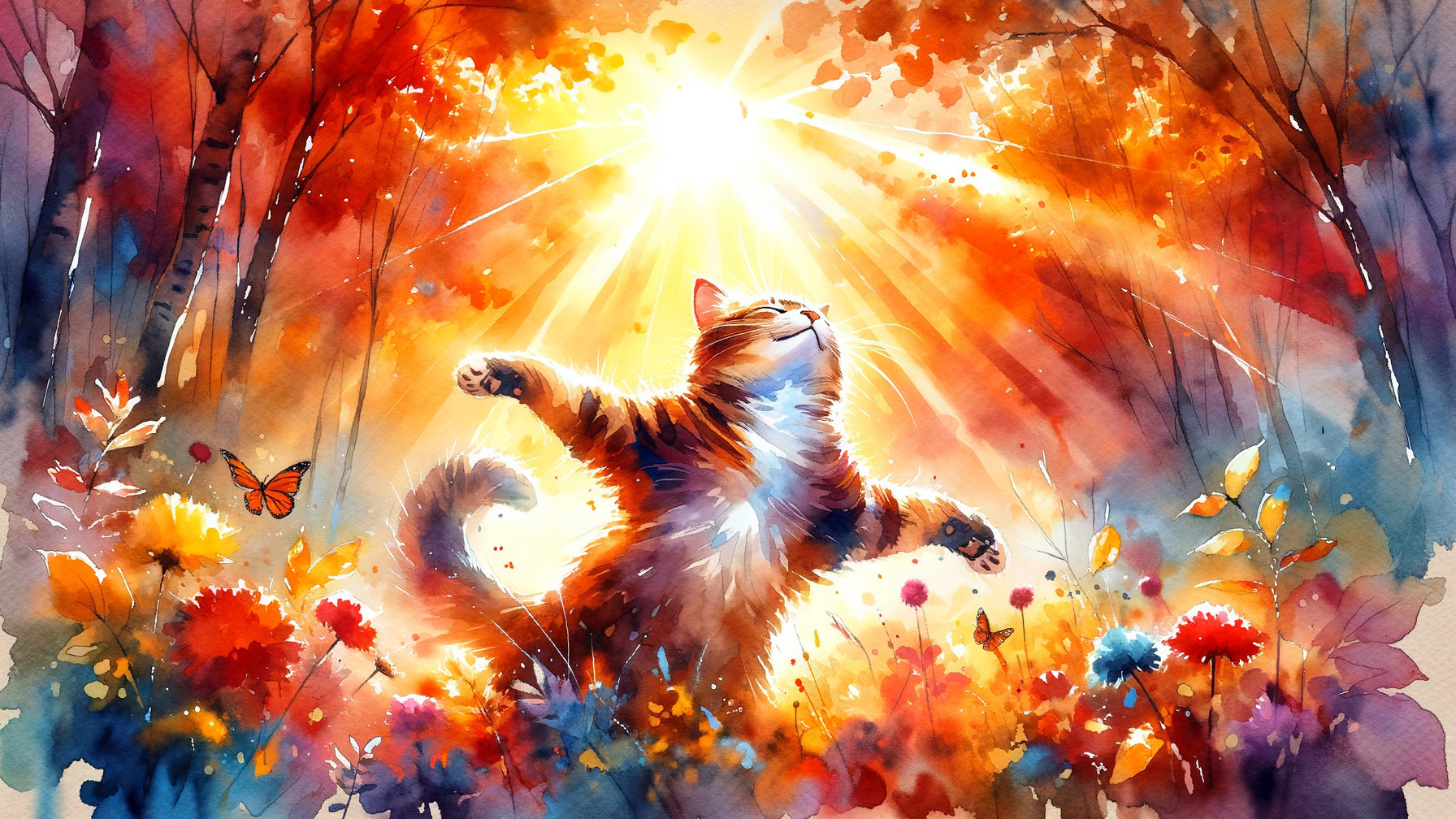 Watercolor of a cat in sunlight among flowers