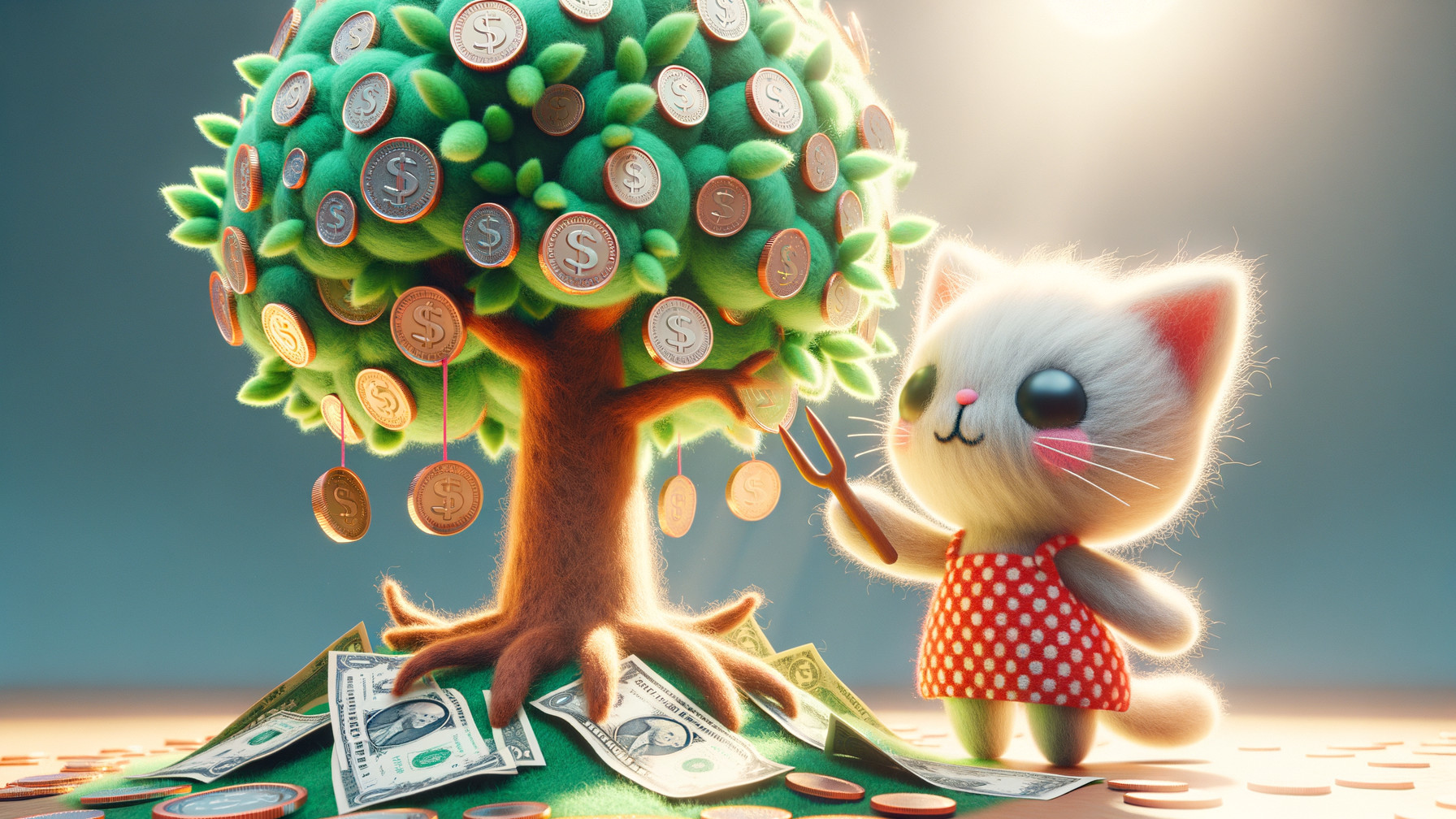 Fluffy Kitten by Whimsical Coin Tree in Sunlight