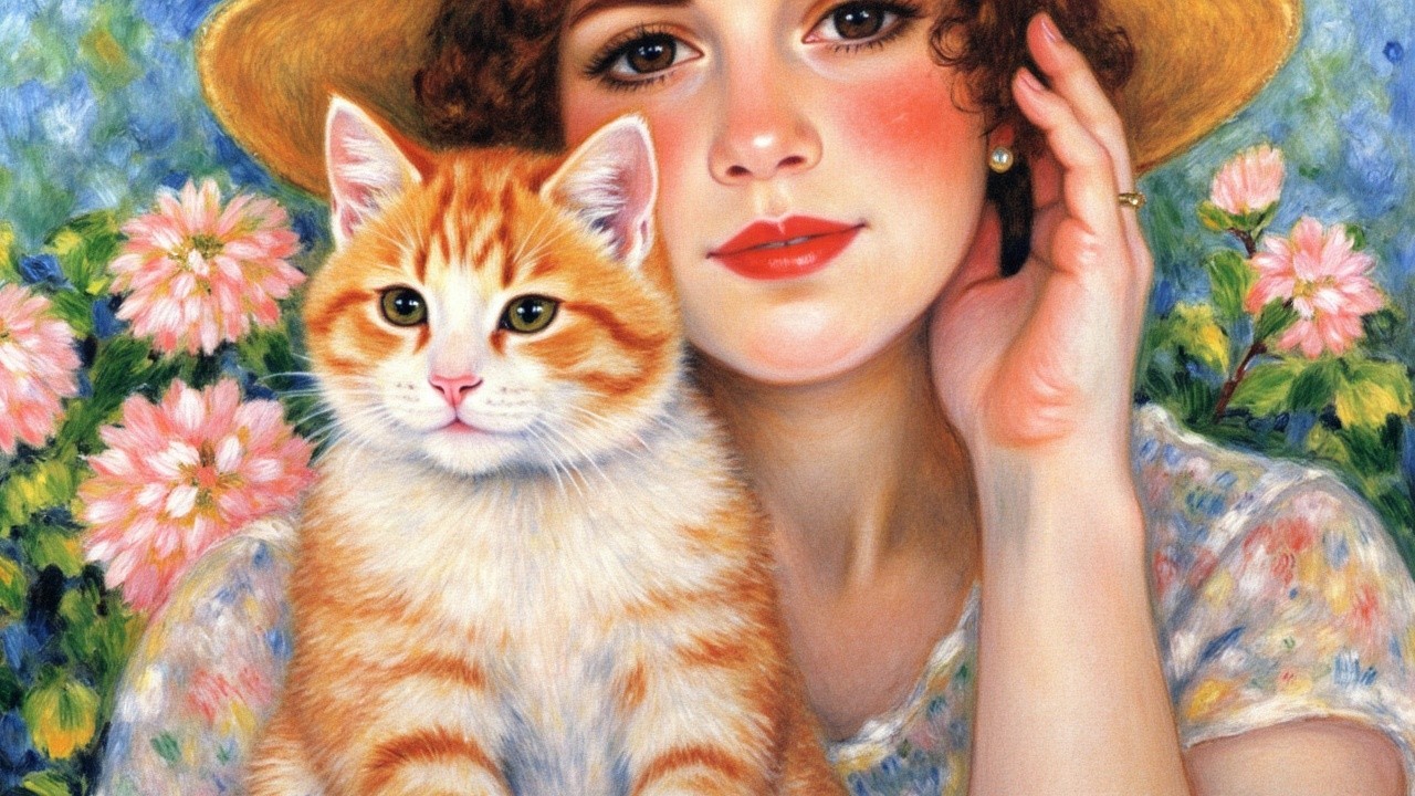 Young Woman with Cat Surrounded by Colorful Blooms