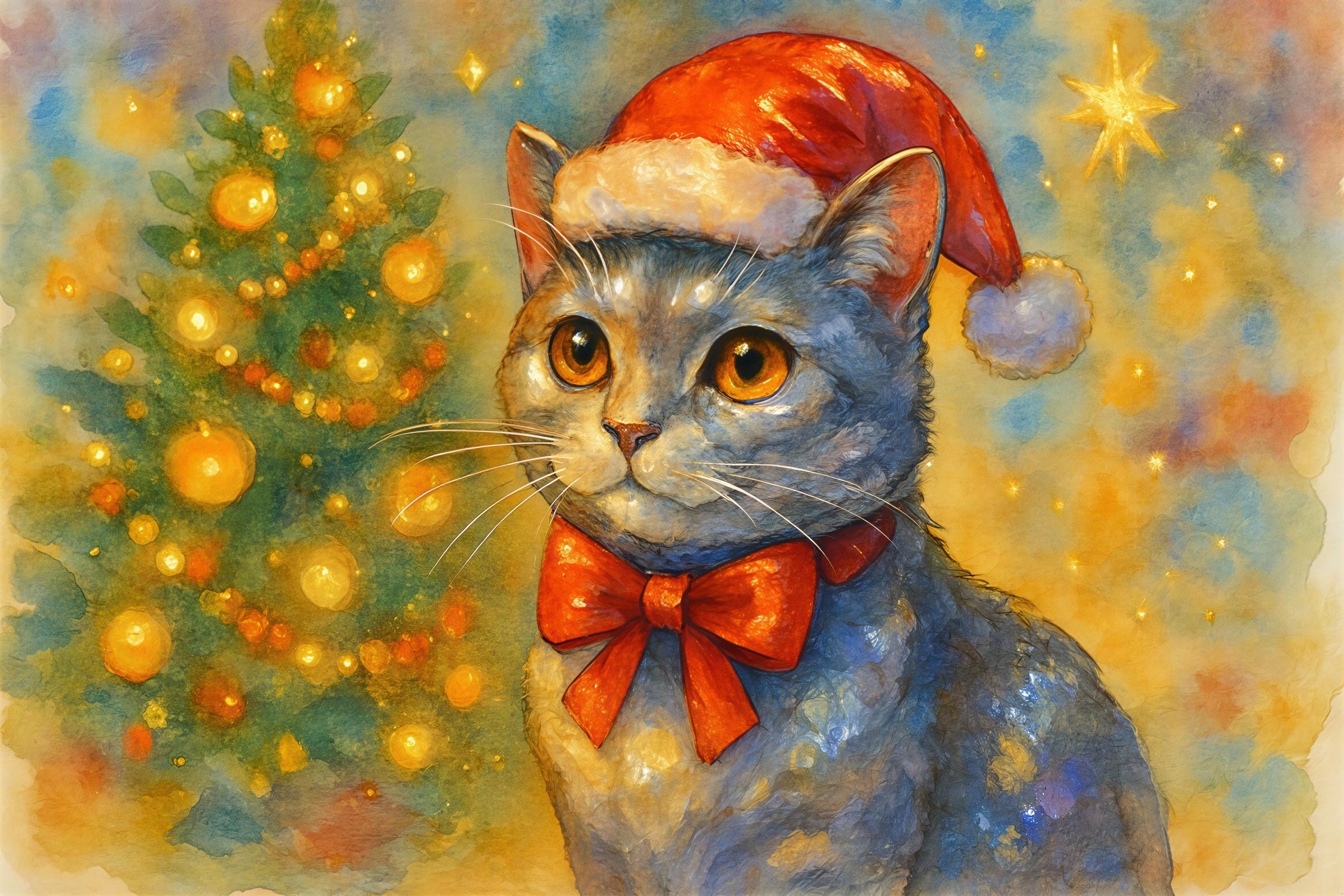 Festive Watercolor of Cat in Santa Hat and Christmas Tree