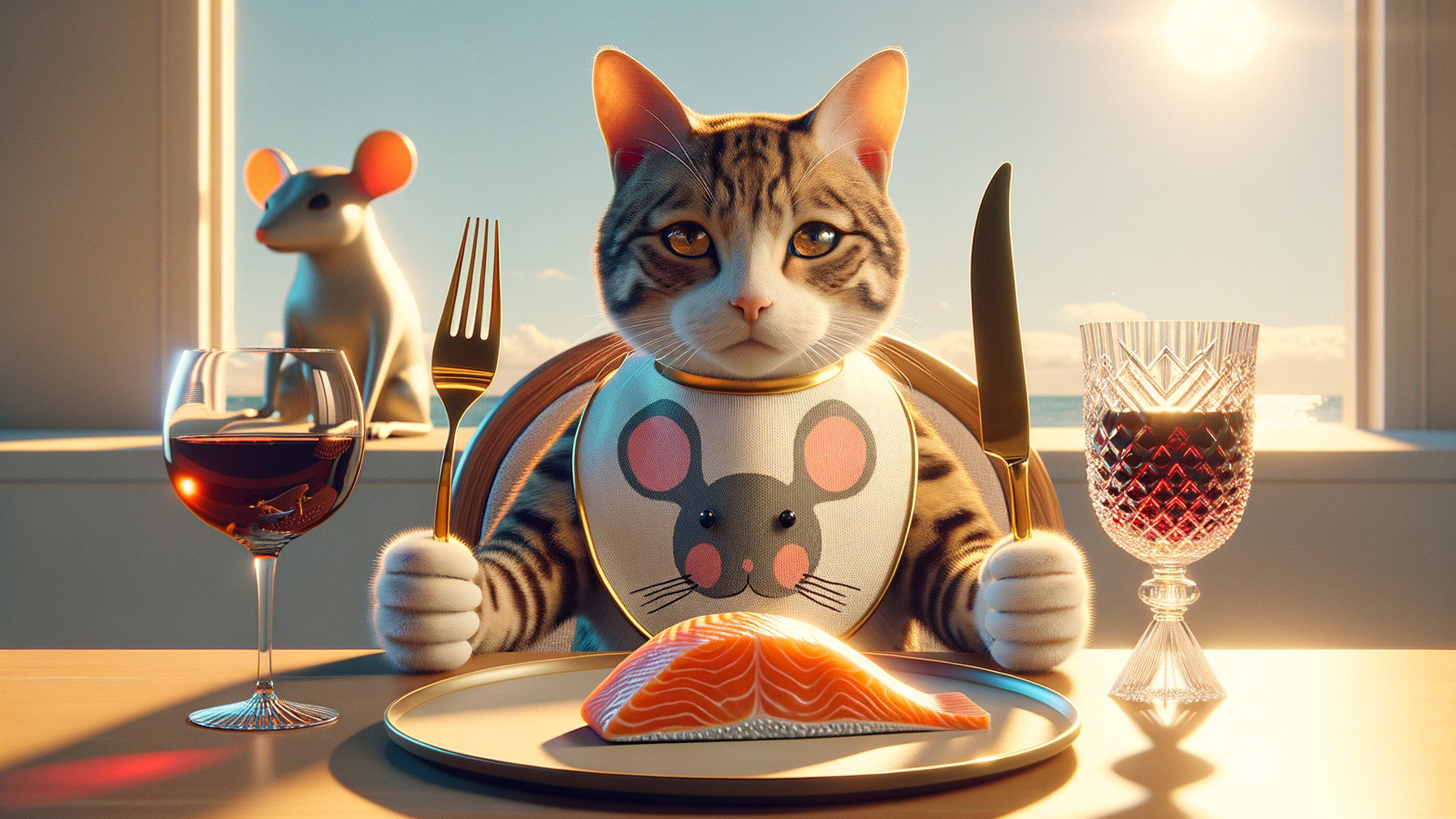 Cat in Bib at Dining Table with Salmon and Mouse