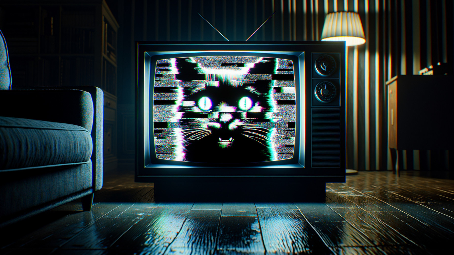 Vintage Television with Glitchy Cat Face Display