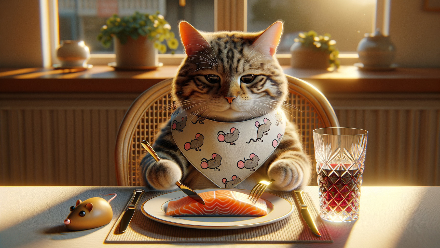 Tabby Cat Dressed for Dinner at a Sunlit Table