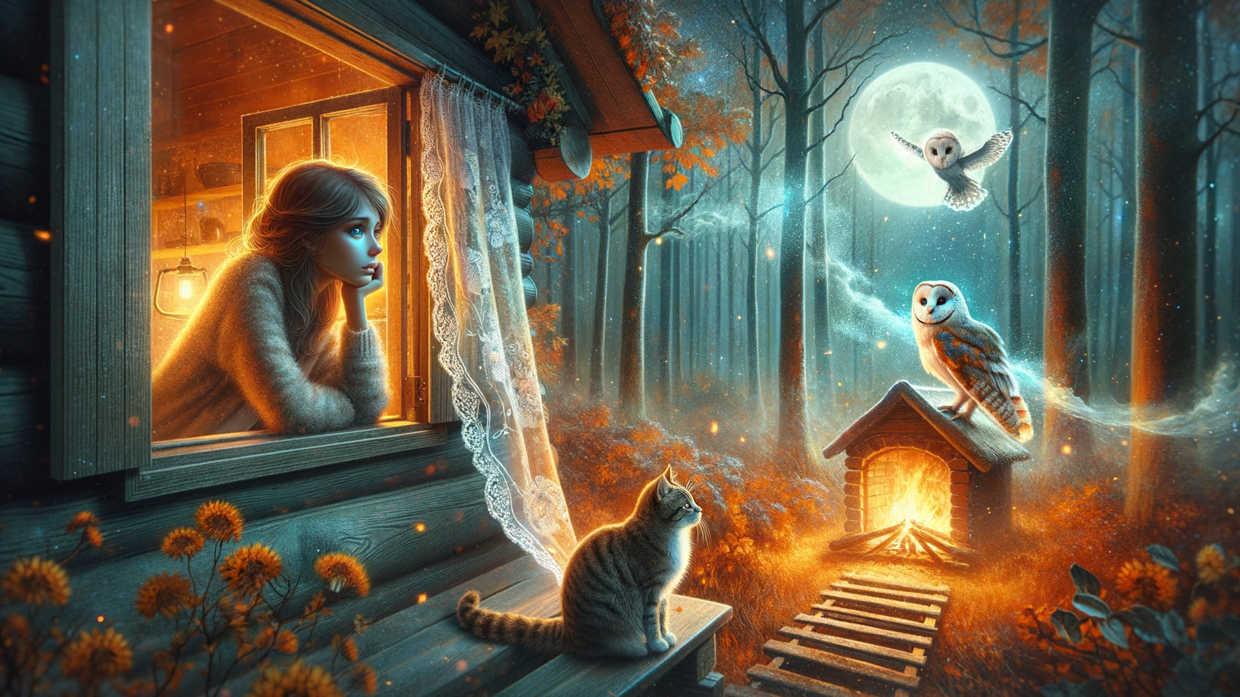 Cozy Cabin in a Mystical Forest Under Full Moon