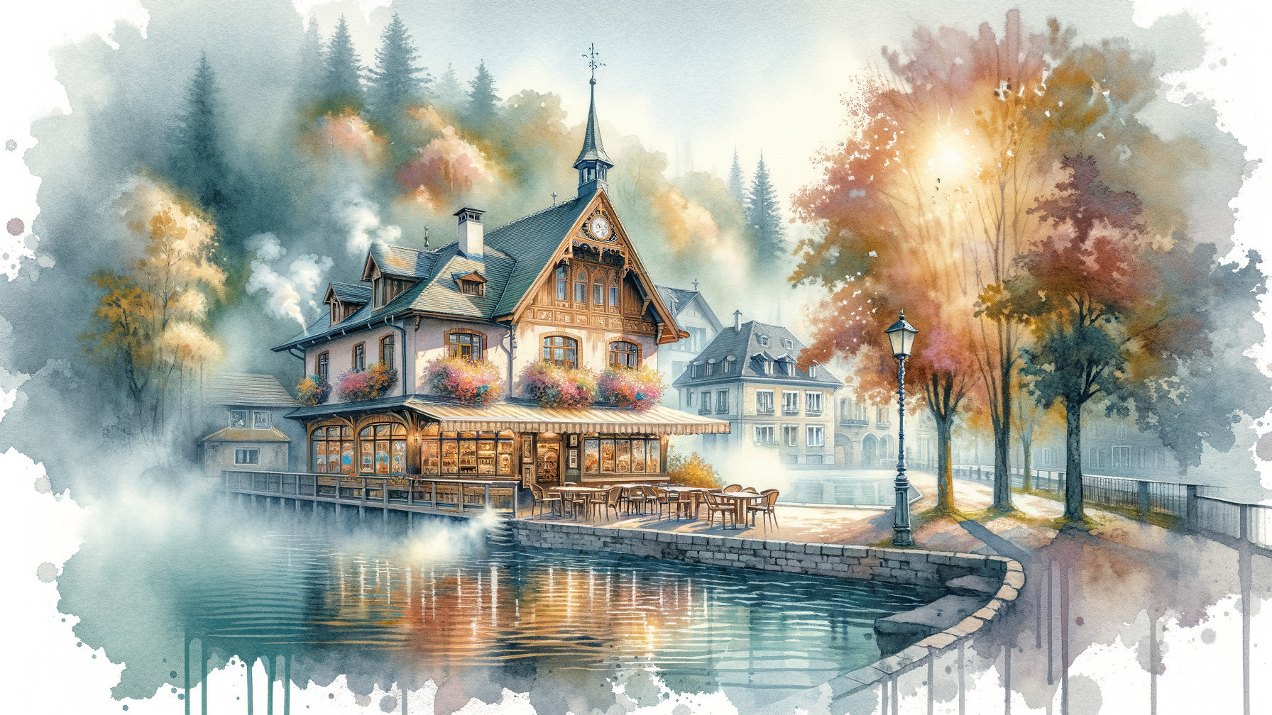 Charming House by Misty Waterway in Autumn Colors