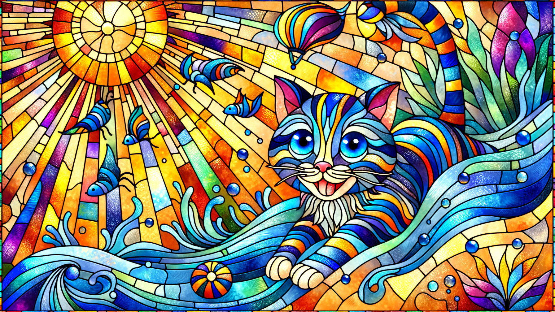 Vibrant Stained Glass Artwork of a Playful Cat