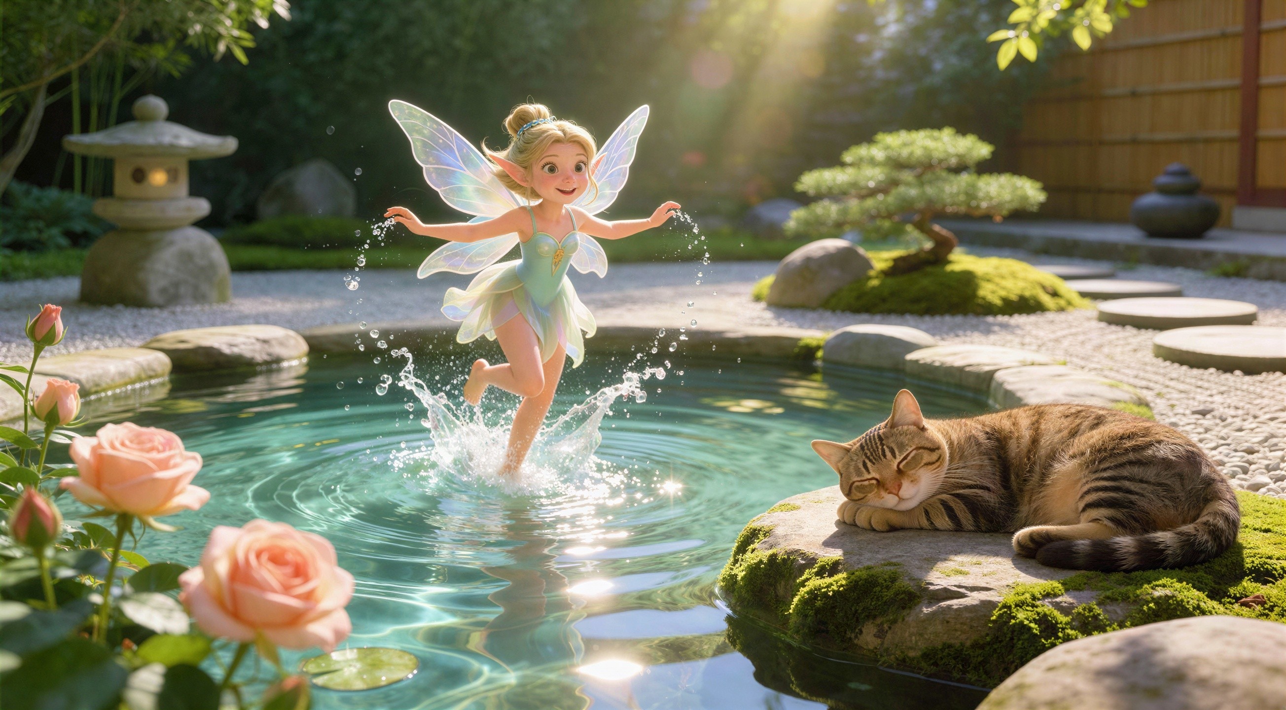 Anime Fairy in Green Dress at Japanese Garden Pond