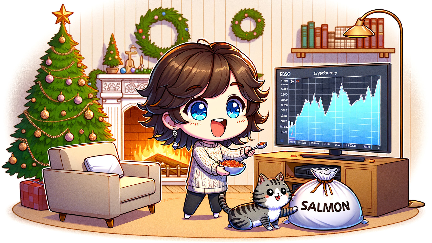 Festive Scene with Character, Cat, and Christmas Decor