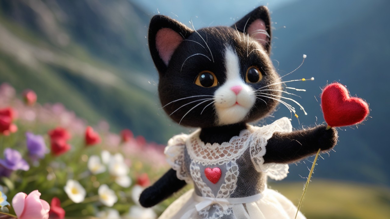 Black and white kitten doll in a flower field