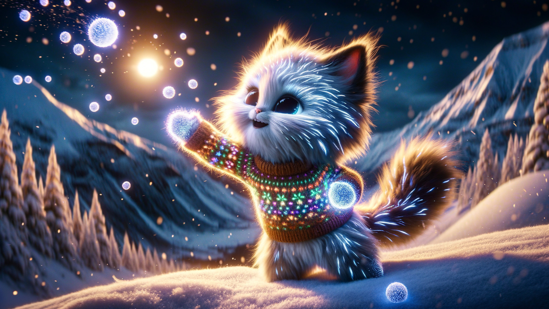 Fluffy Kitten in Colorful Sweater in Winter Wonderland