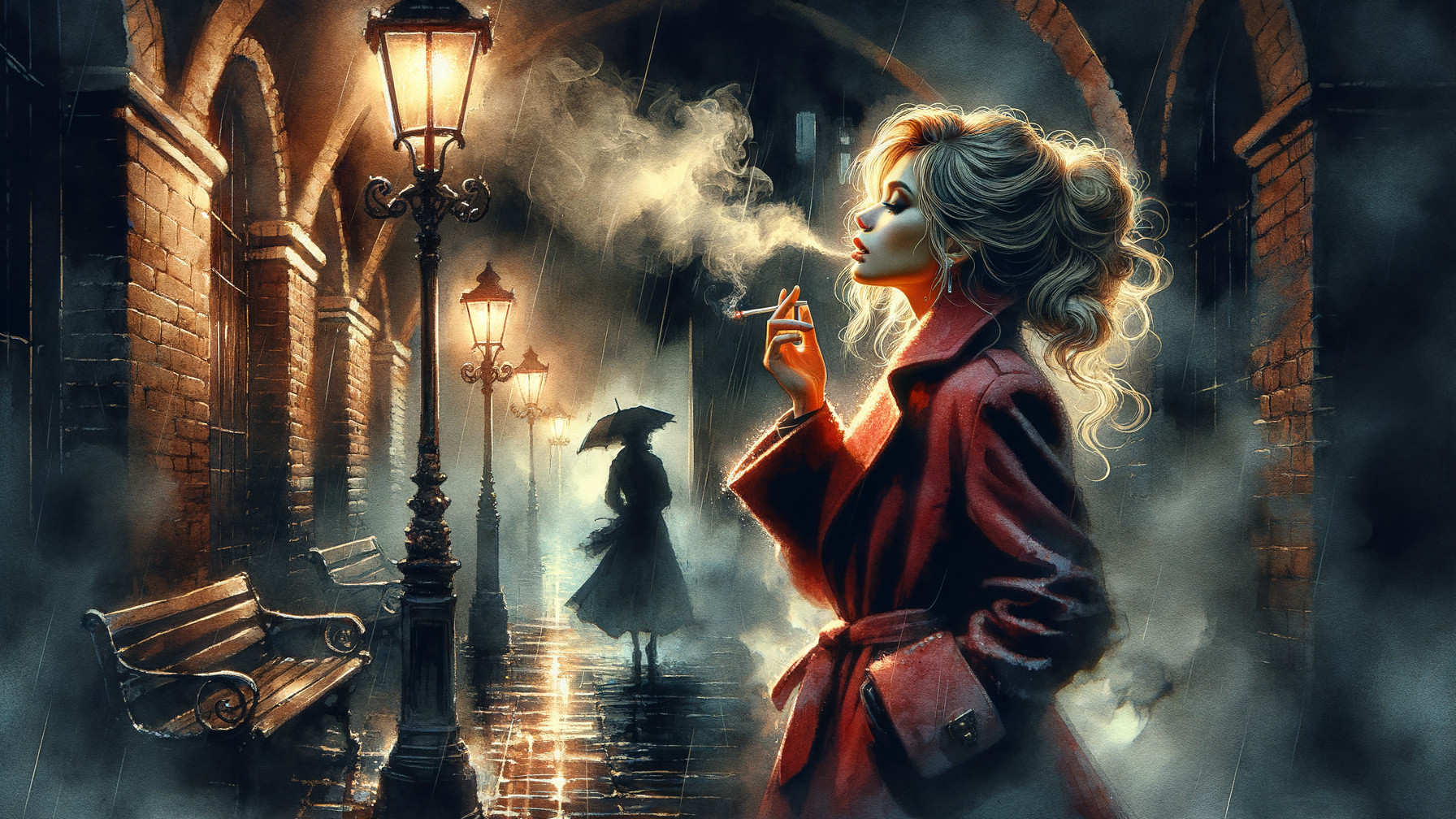 Mysterious Night Scene on a Cobblestone Street