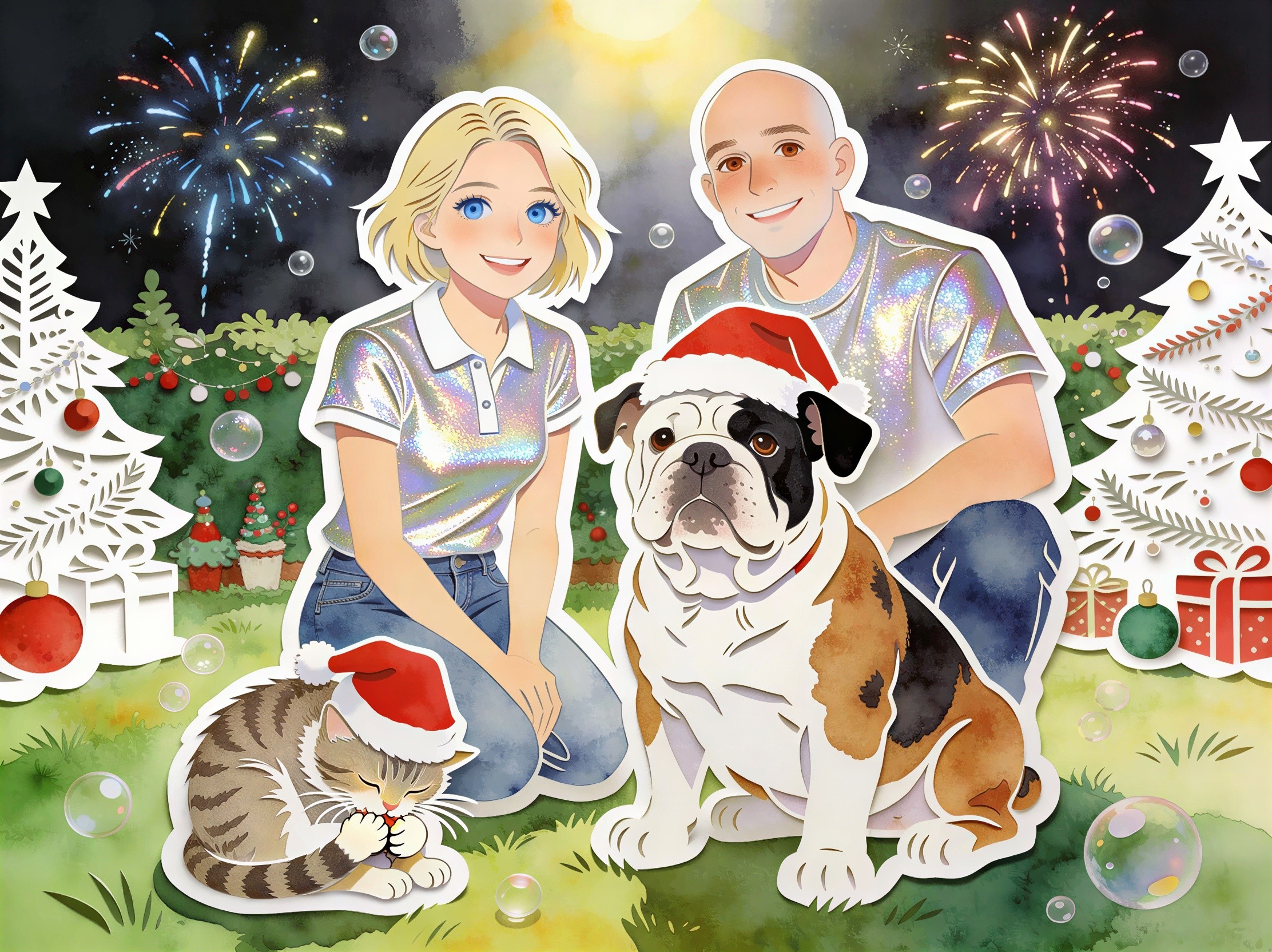 Anime Illustration of Holiday Scene with Pets and People