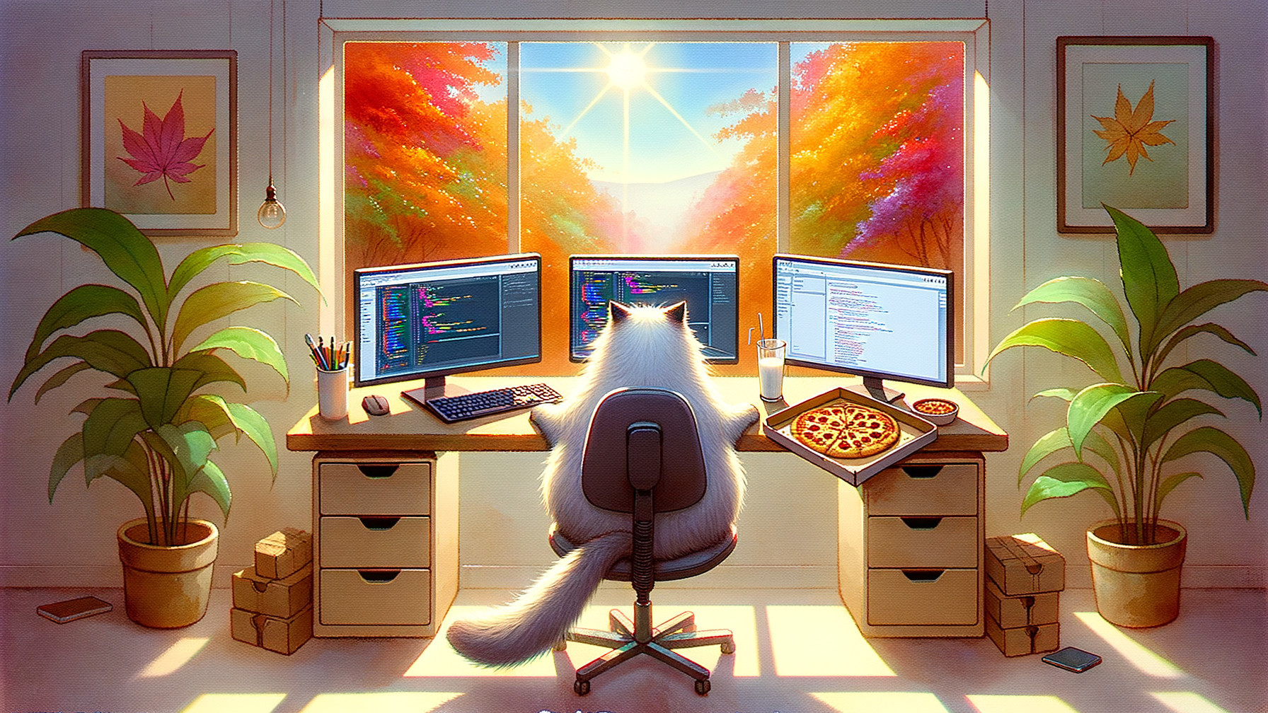 Fluffy White Cat at Desk with Dual Monitors and Pizza