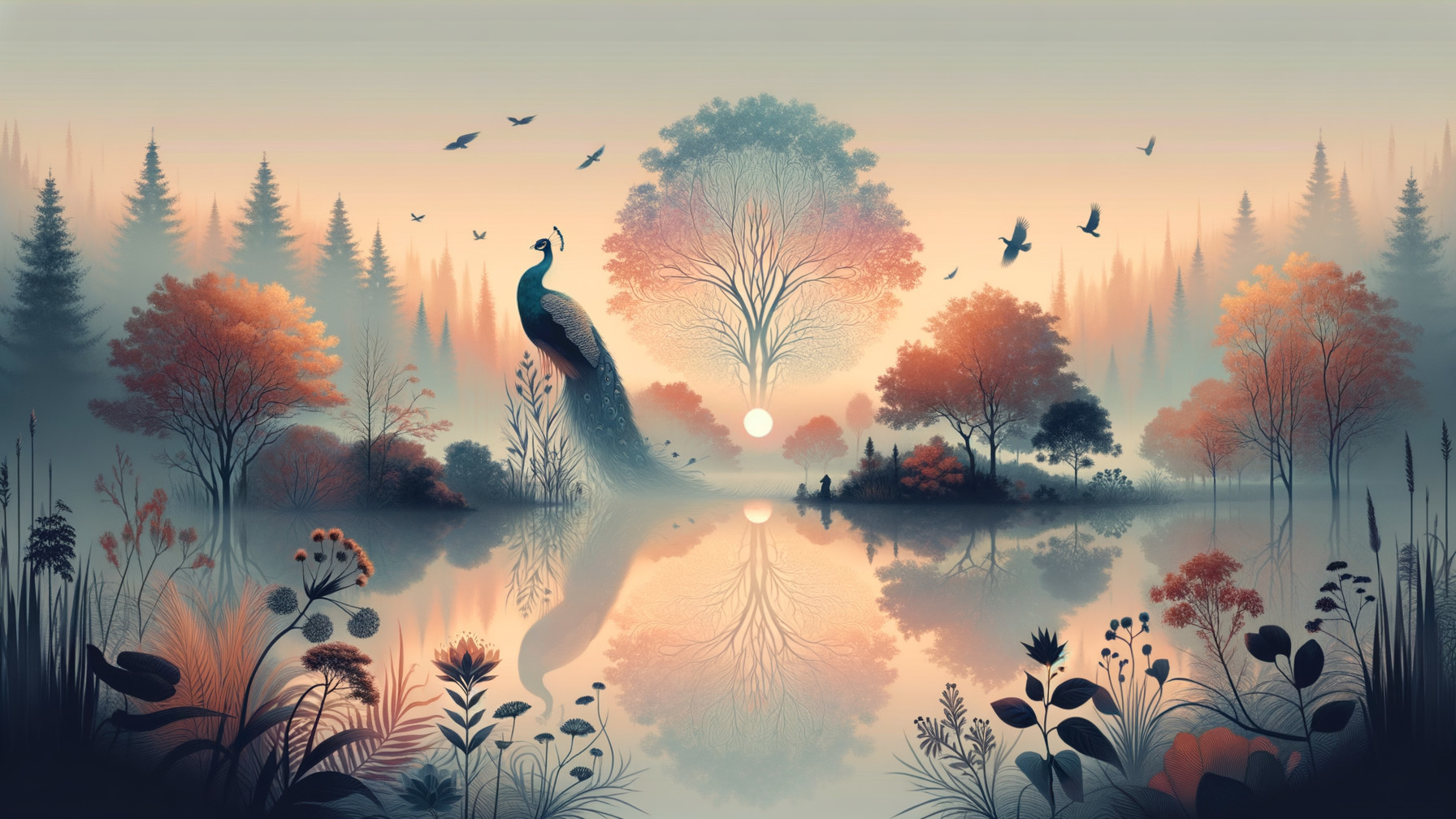 Serene Dusk Landscape with Peacock by Tranquil Lake