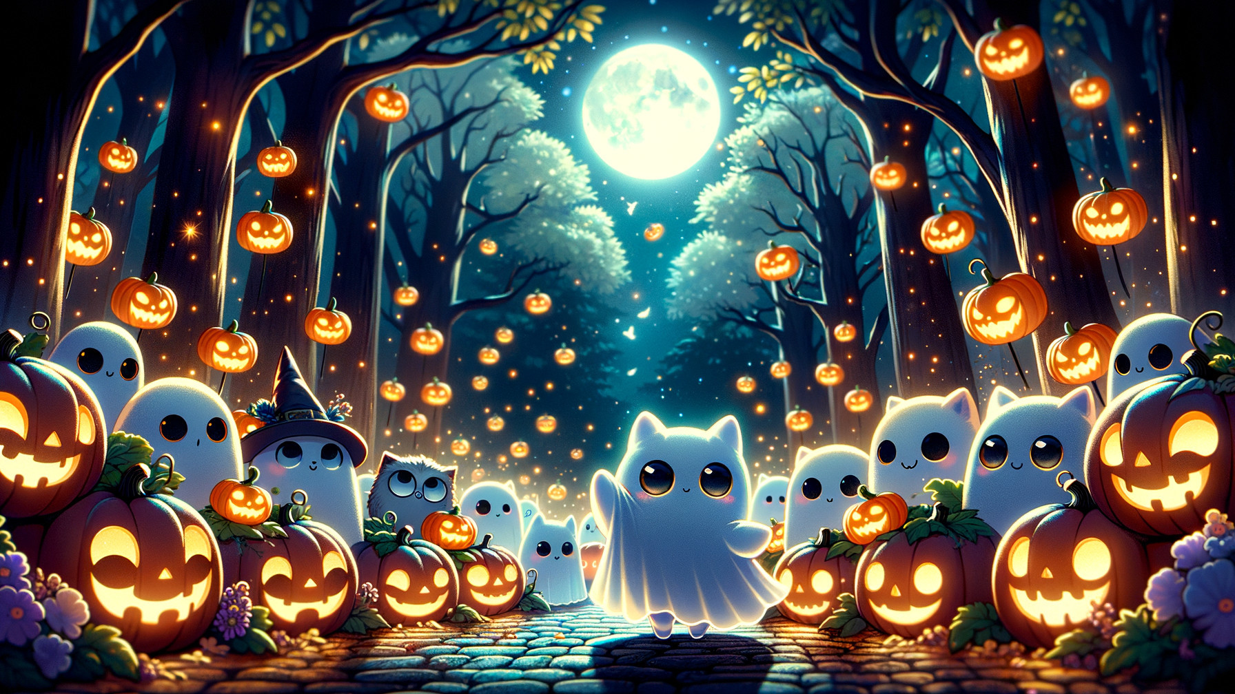 Whimsical Forest Scene with Ghosts and Pumpkins