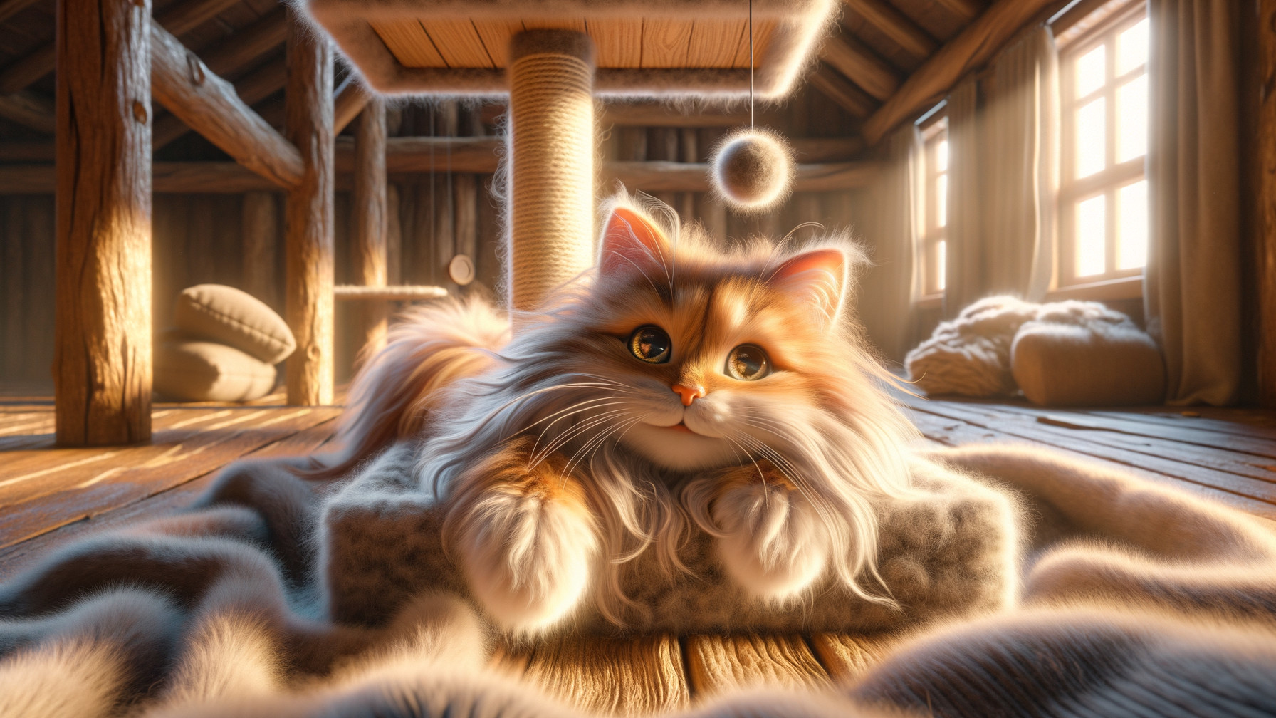 Fluffy Orange-and-White Cat in Rustic Room Setting