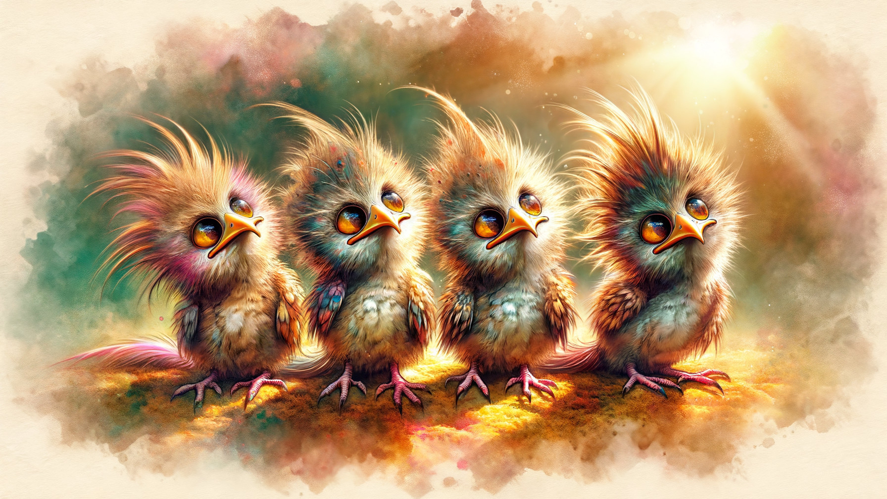 Whimsical Scene of Colorful Baby Birds in Sunlight