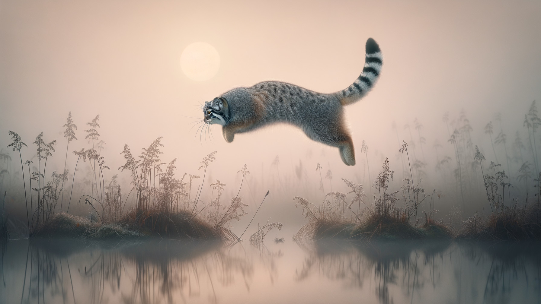 Spotted Cat Leaping Over Misty Dawn Landscape