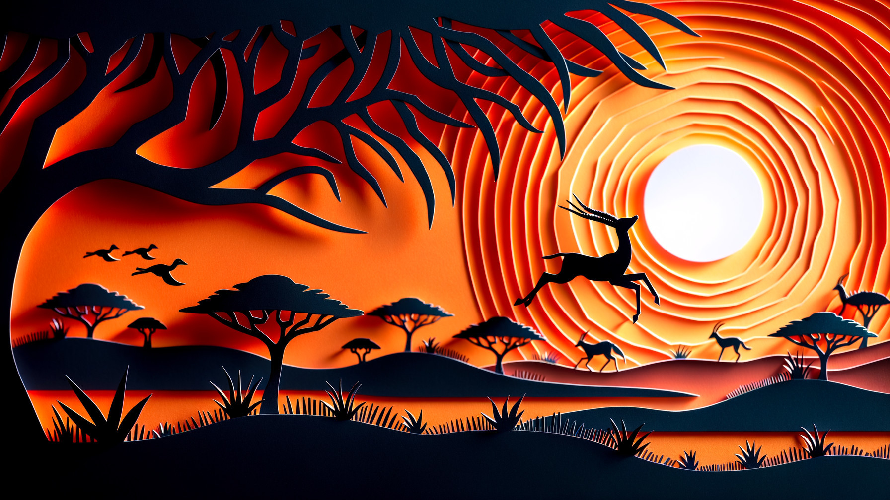 Vibrant Paper-Cut Artwork of Serene Sunset Landscape