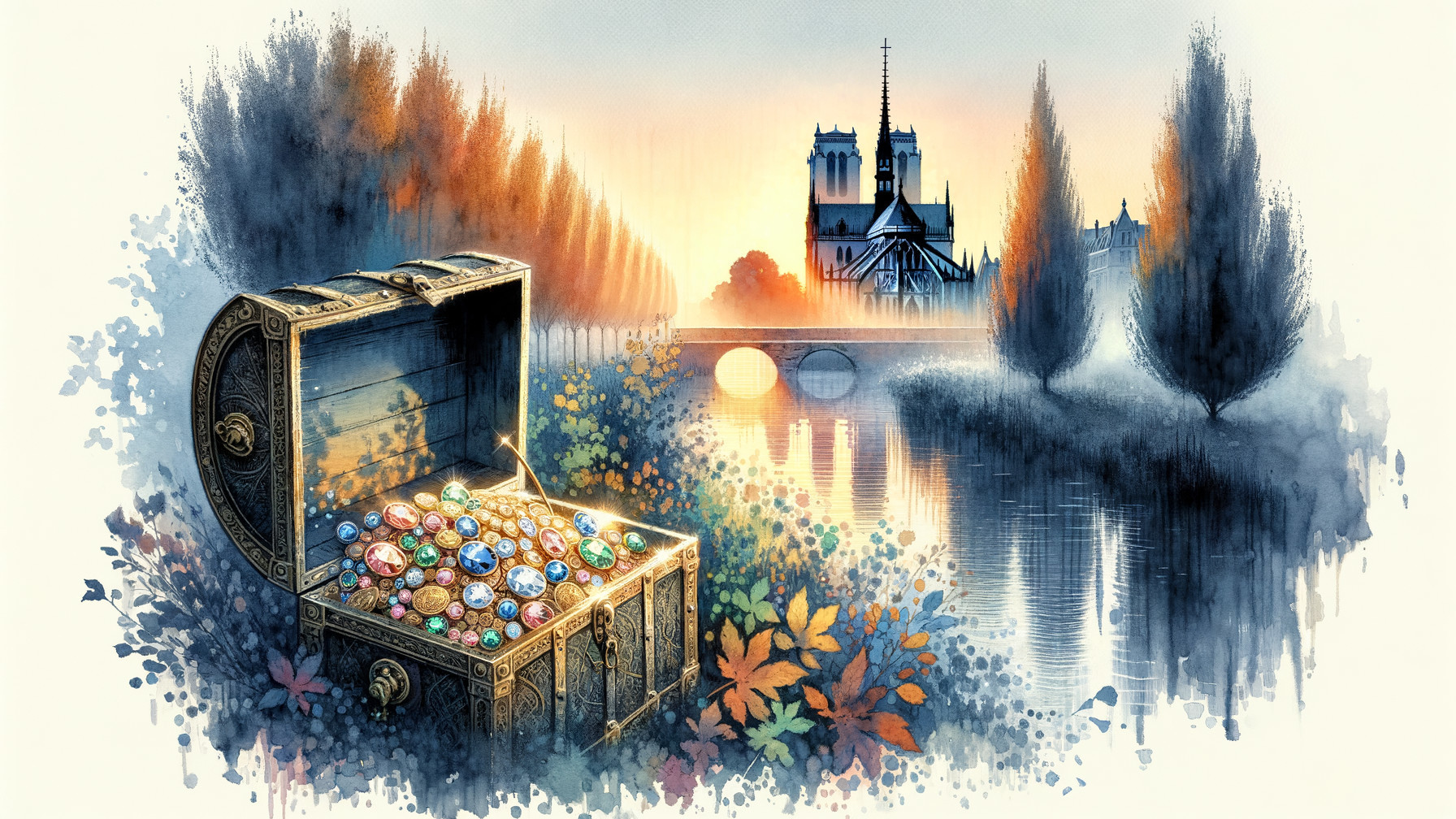 Treasure Chest Surrounded by Autumn Foliage and River