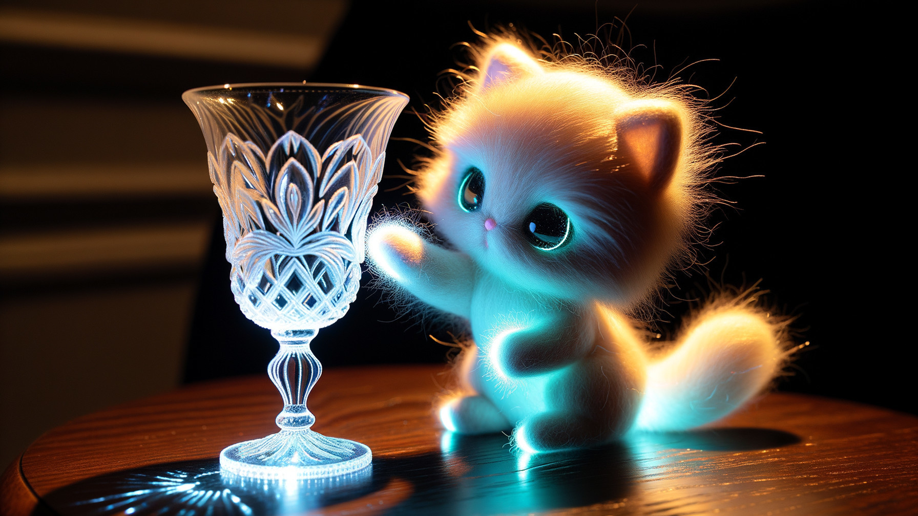 Fluffy Kitten Doll and Shimmering Glass Goblet Scene