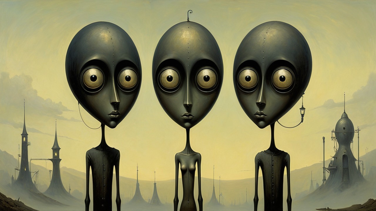 Tall Figures with Gray Skin in Futuristic Landscape