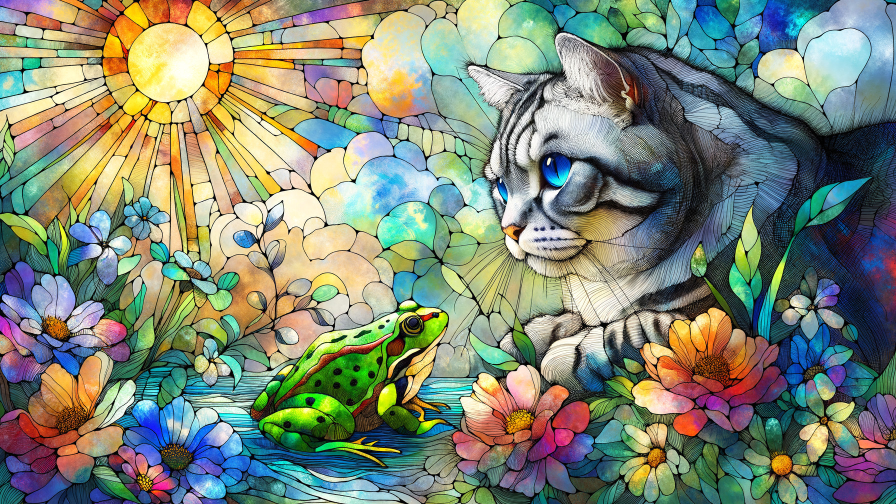 Colorful Illustration of Cat and Frog in Garden