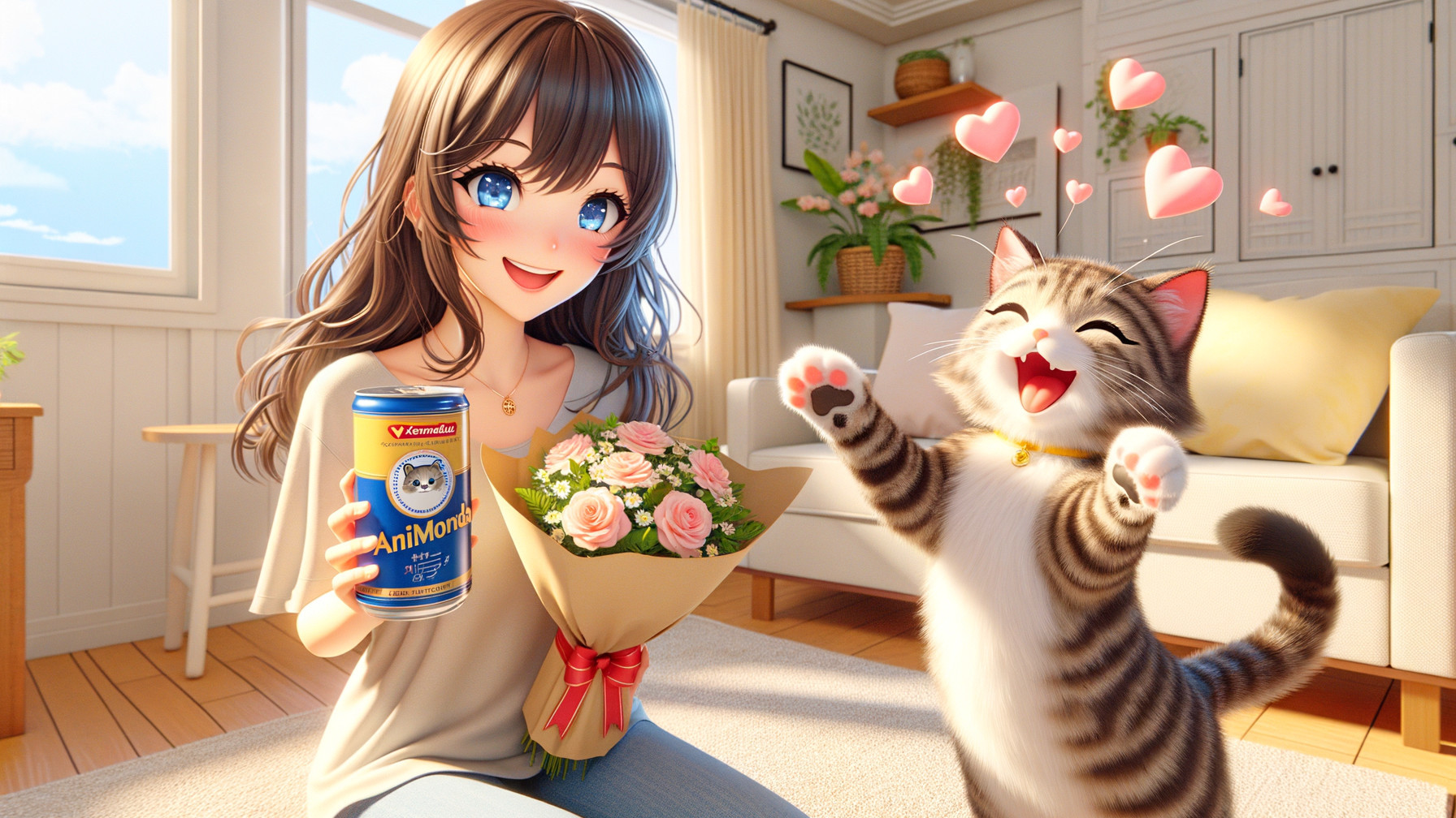 Cheerful woman with flowers and cat in sunny room