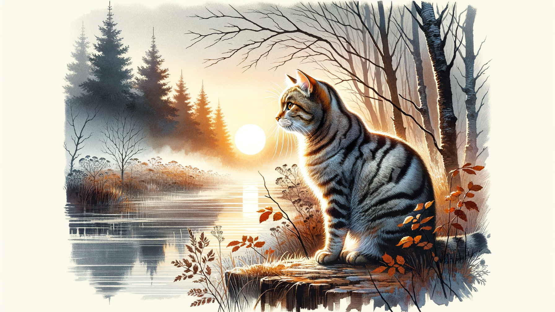 Dawn Landscape with Tabby Cat by Tranquil River