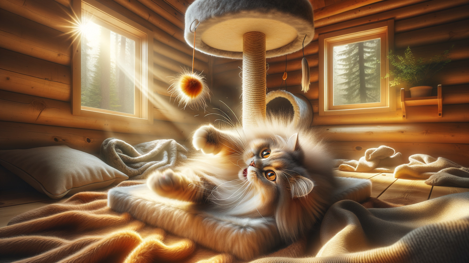Fluffy Cat Playing on Cozy Cat Tree in Sunlit Room