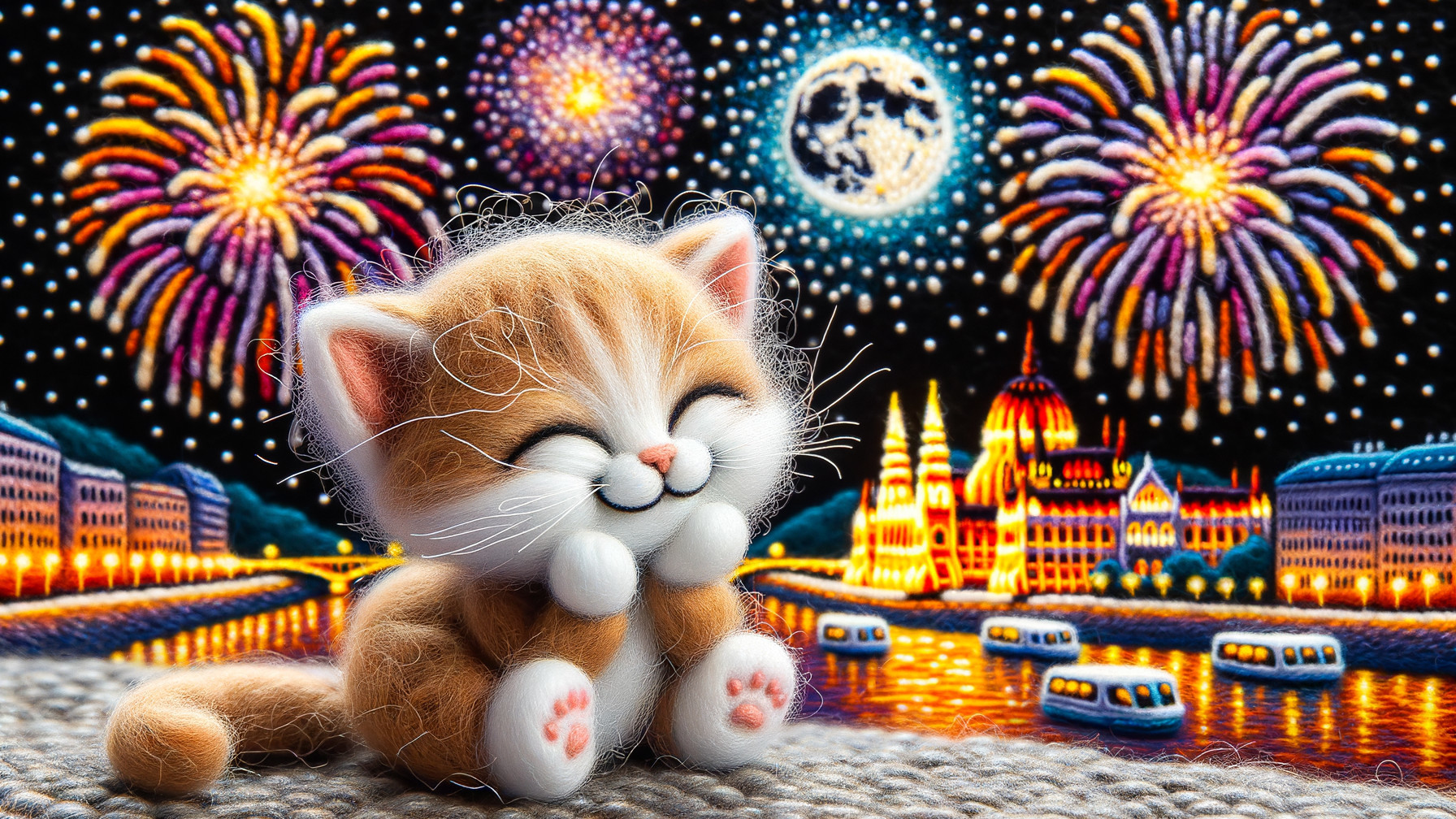 Fluffy Kitten Surrounded by Colorful Fireworks