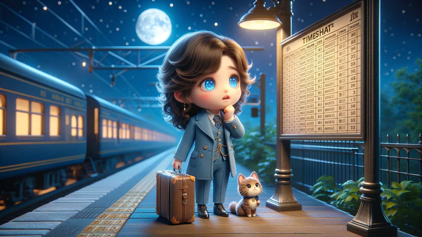 Character at Night Train Station with Cat and Suitcase