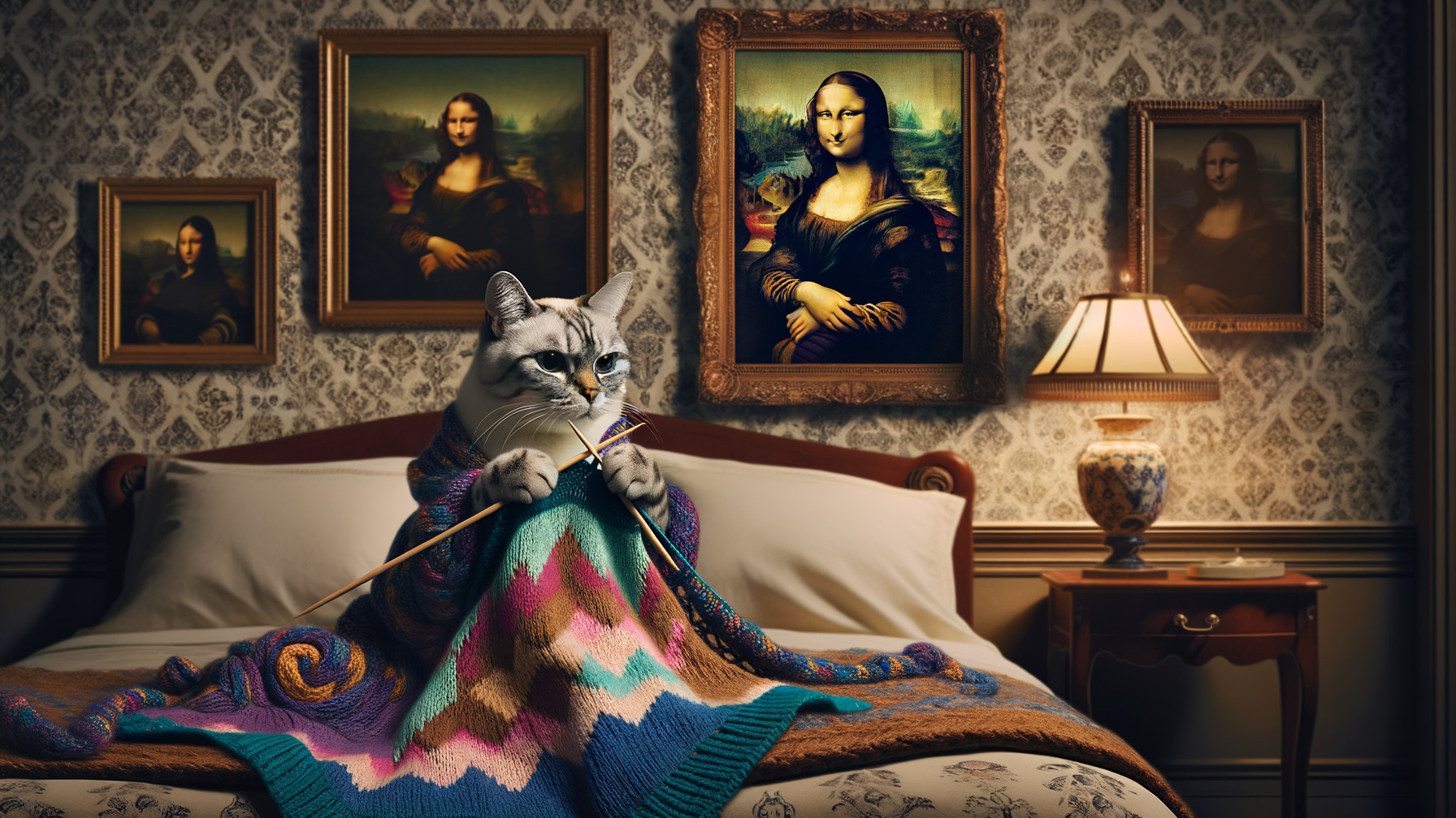 Cozy Bedroom with Cat Knitting and Artful Decor