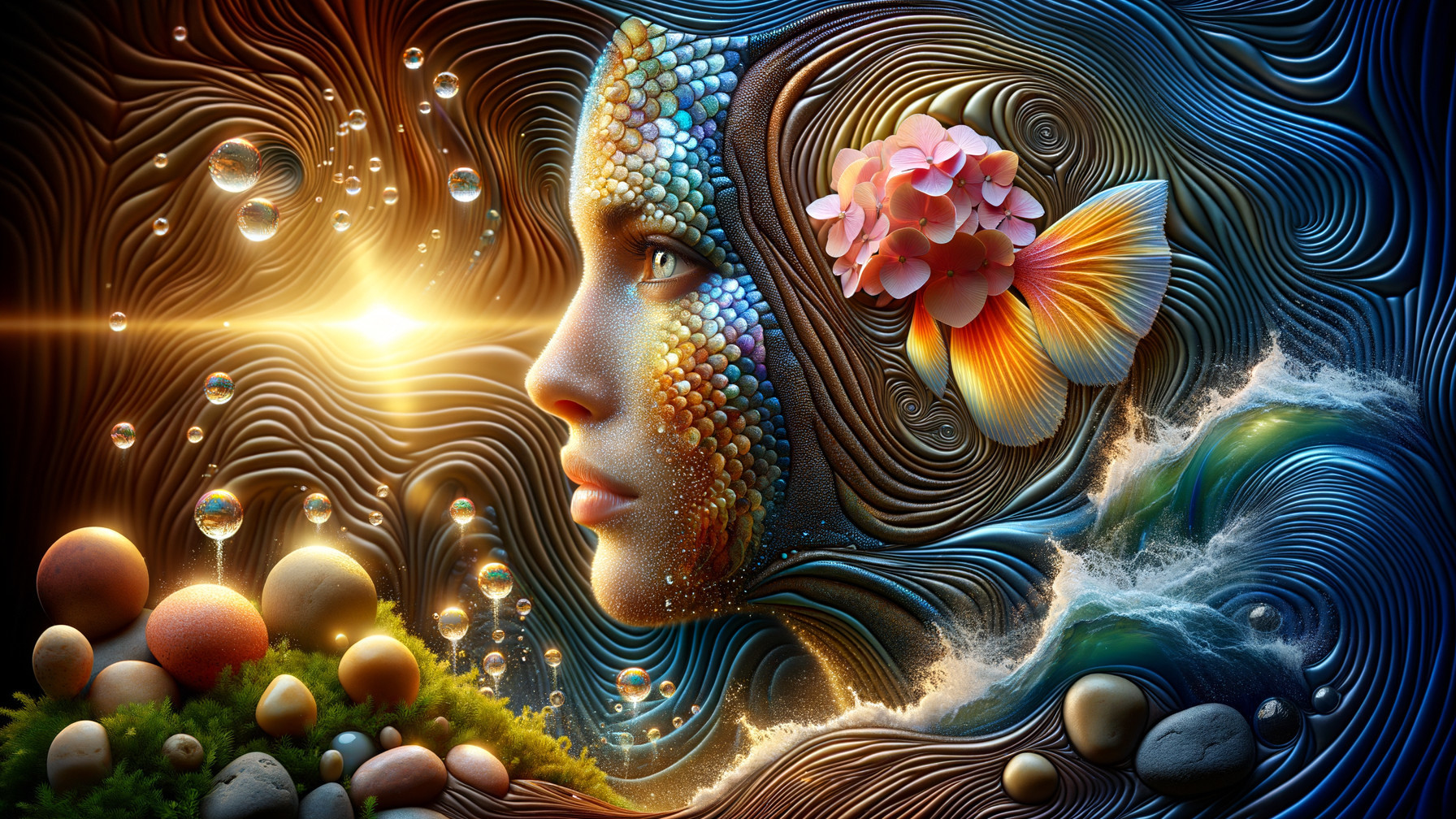 Profile of a Woman with Scales in Underwater Scene