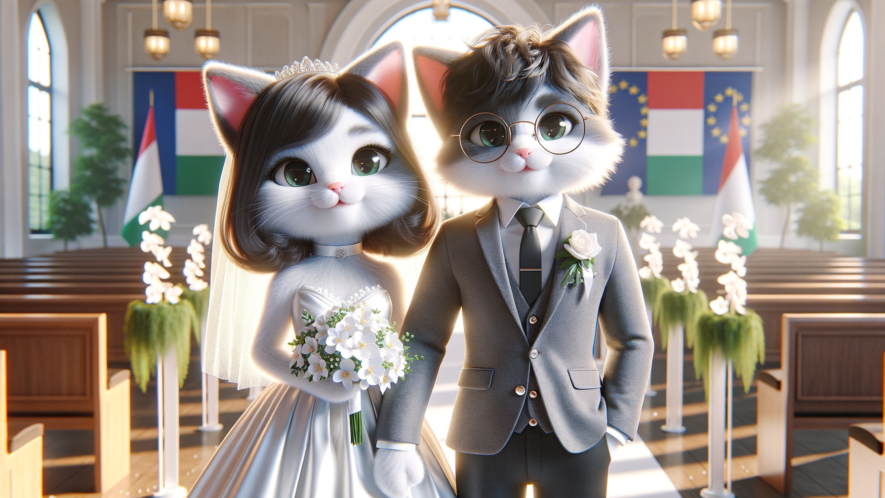 Cute Animated Cat Couple at Charming Wedding Venue