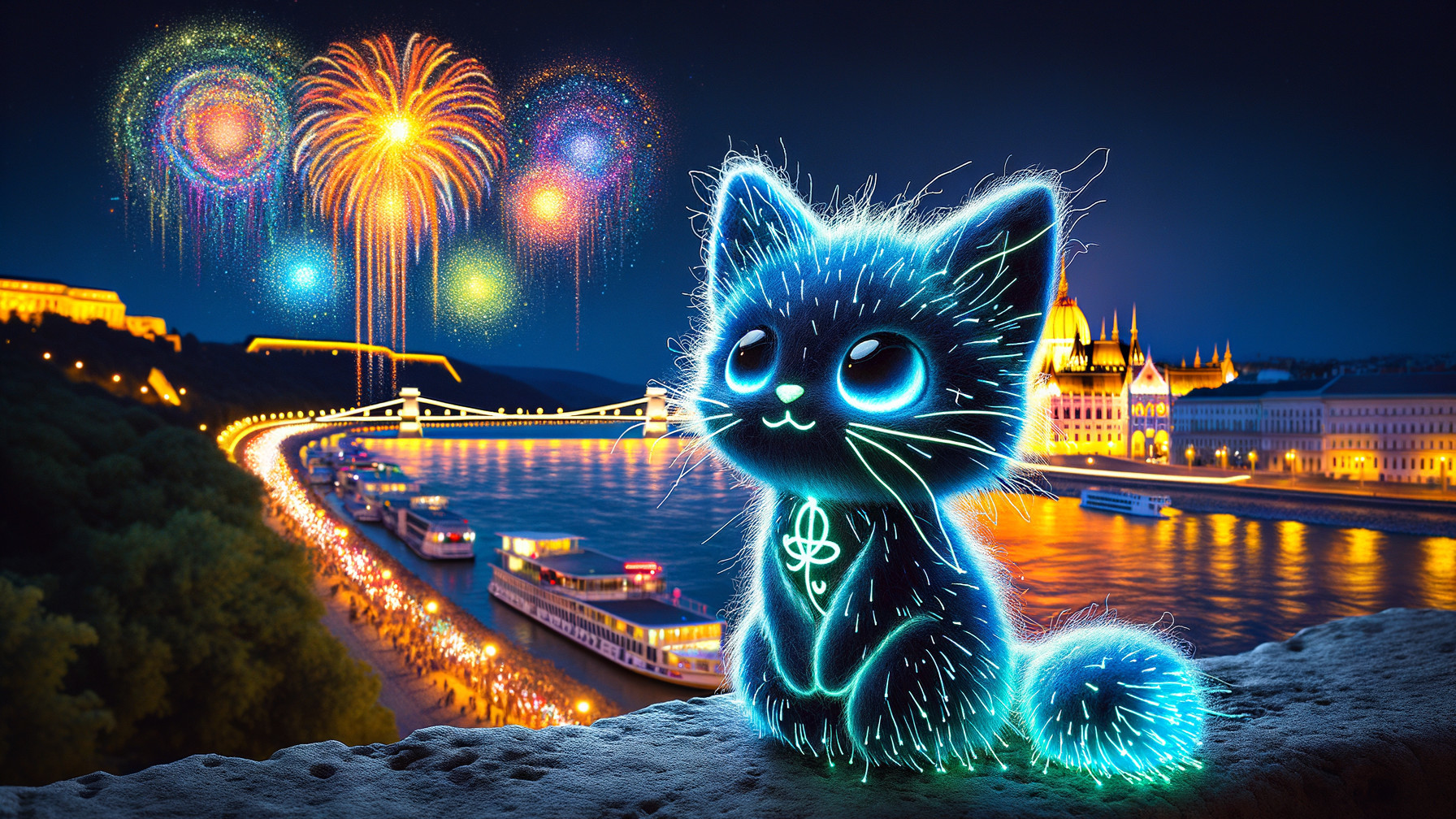 Glowing Blue Cat Overlooks Festive Night Scene
