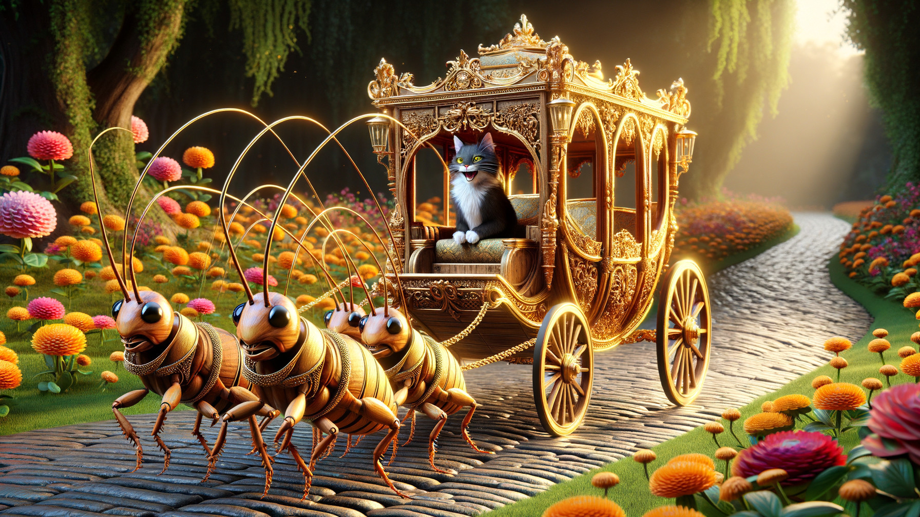Golden Carriage with Insects and Regal Cat in Garden