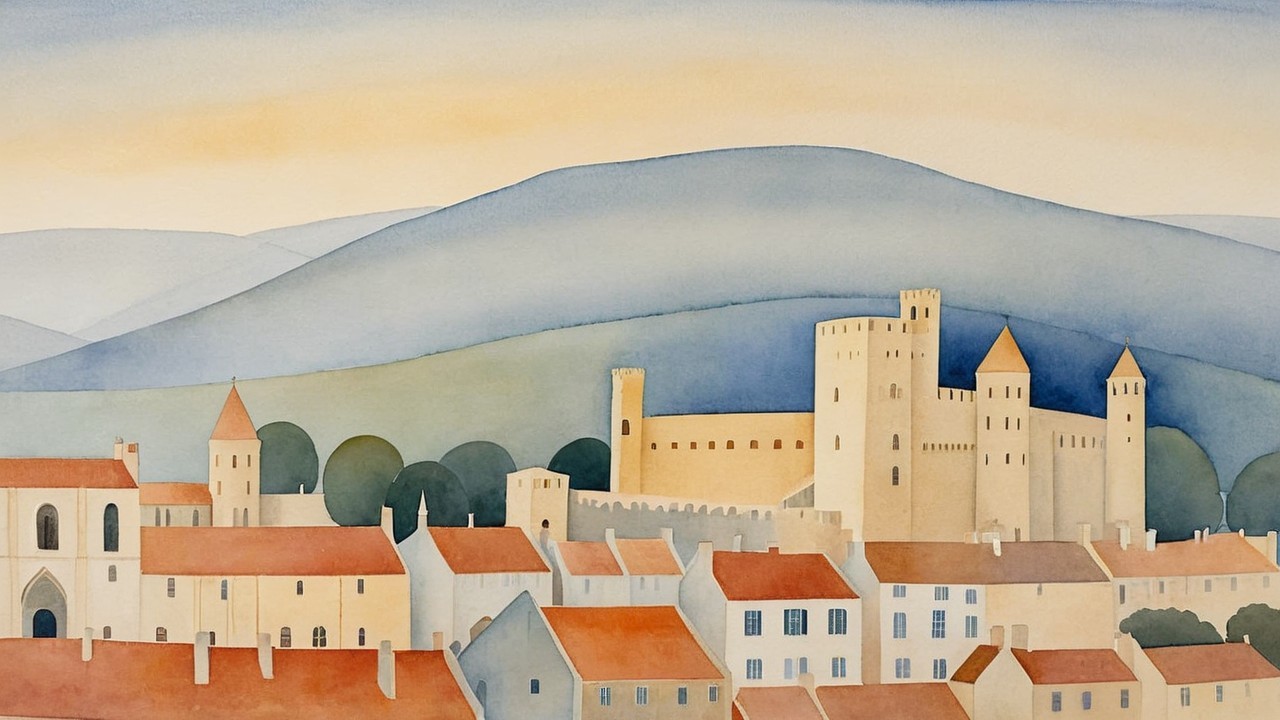 Medieval Castle Landscape with Rolling Hills and Soft Colors
