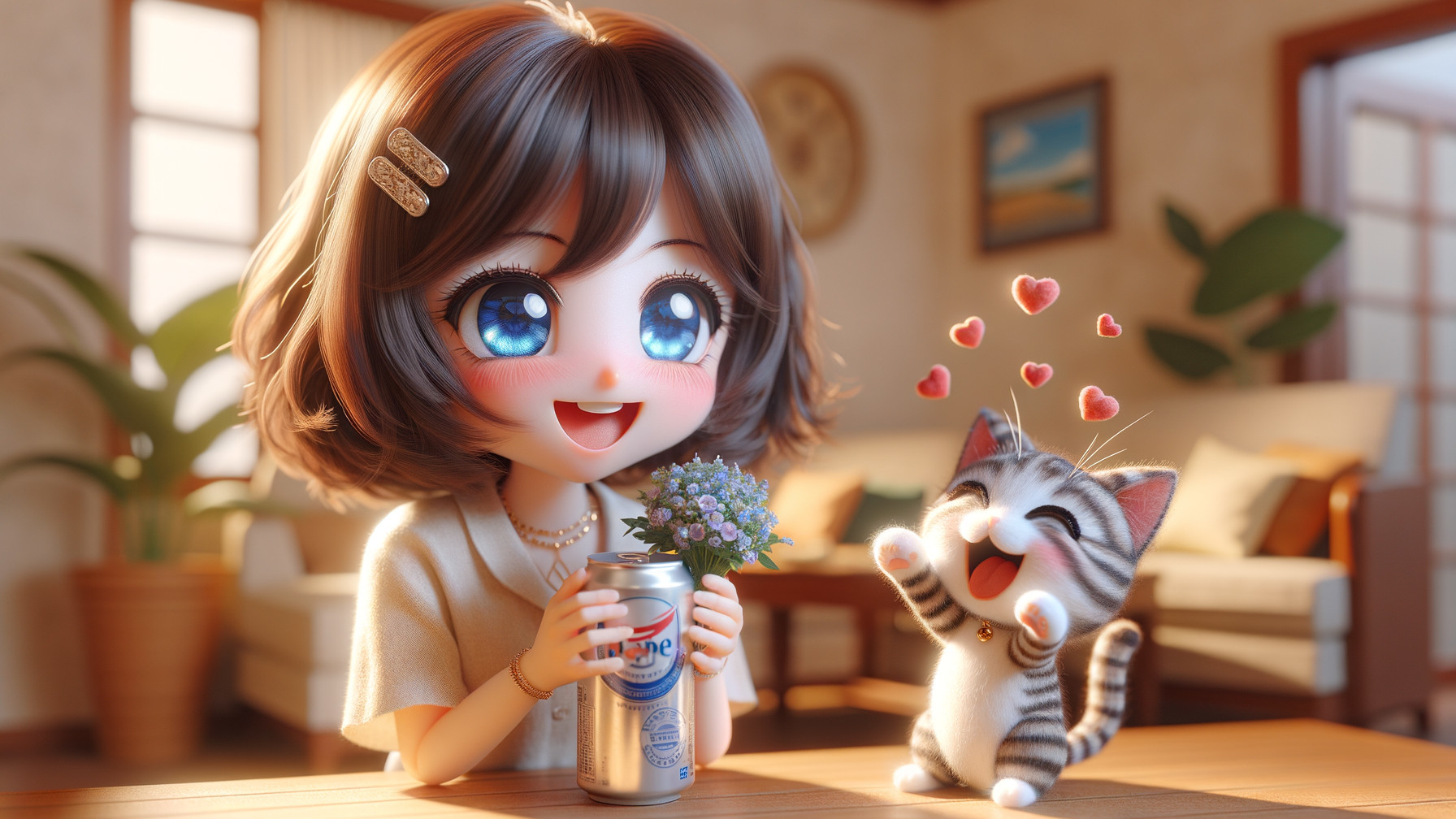 Cozy Room with Girl, Kitten, and Flowers
