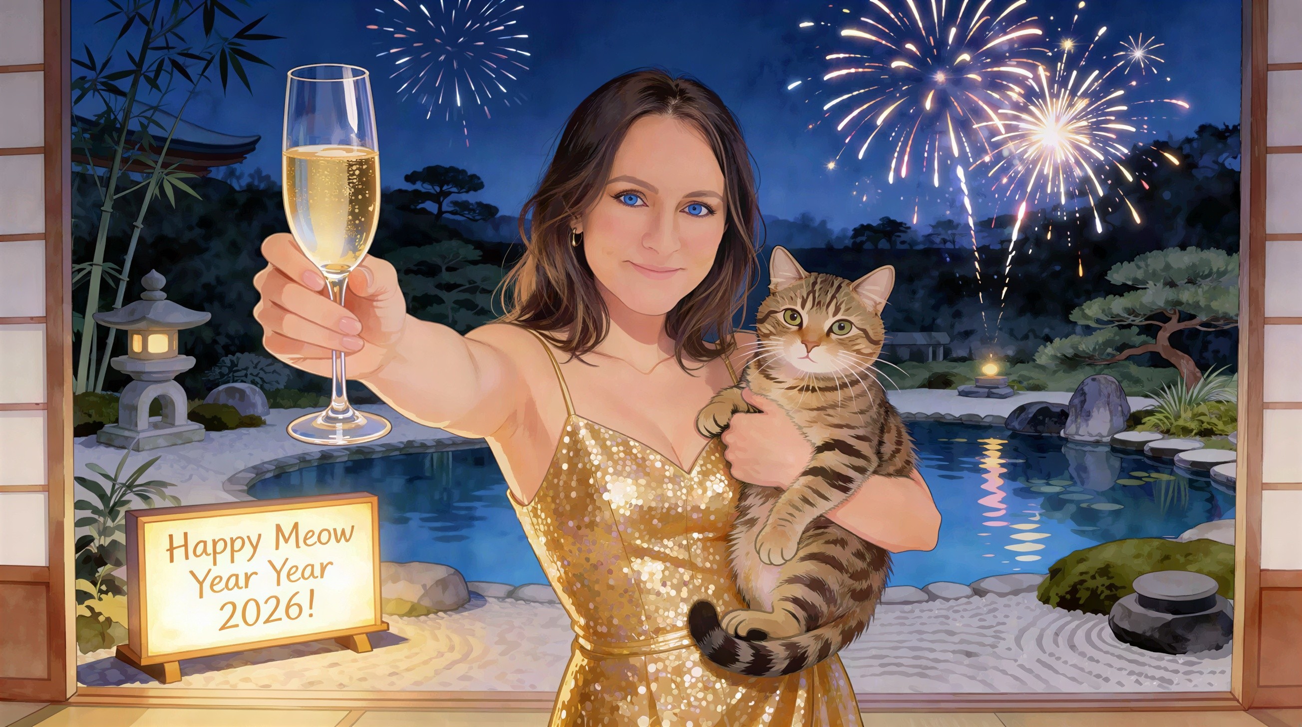 Anime Illustration of Woman Toasting with Cat in Garden