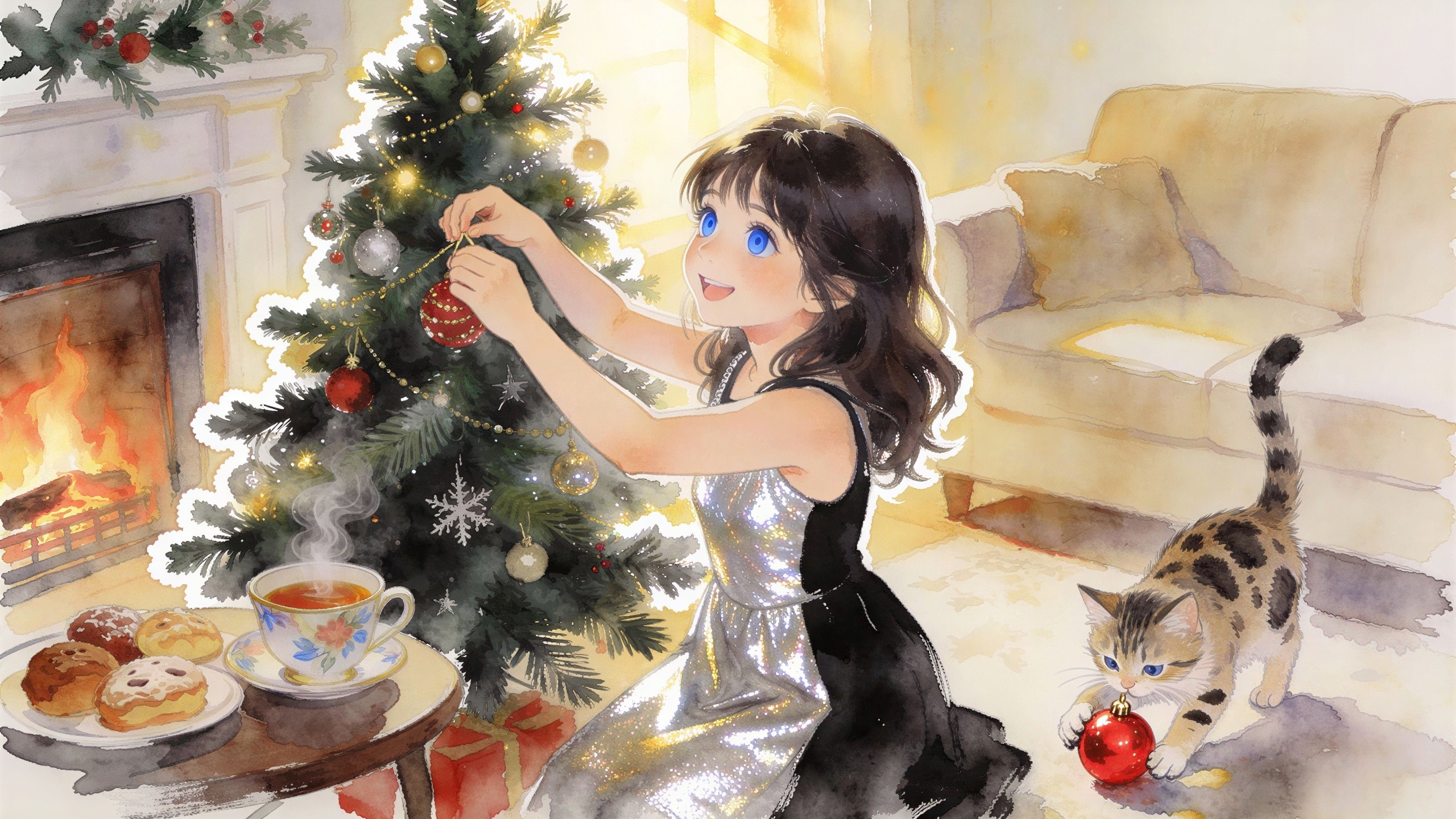 Cozy Christmas Scene with Ornamented Tree and Fireplace