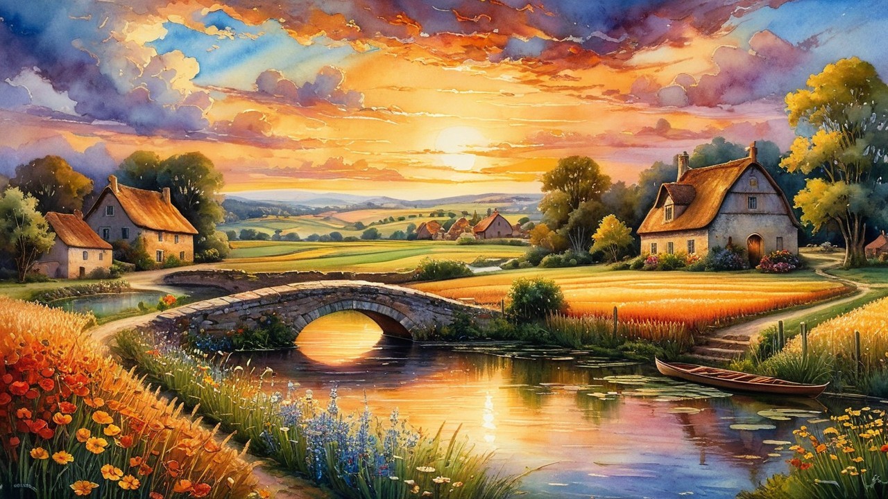 Serene River Landscape with Sunset and Stone Bridge