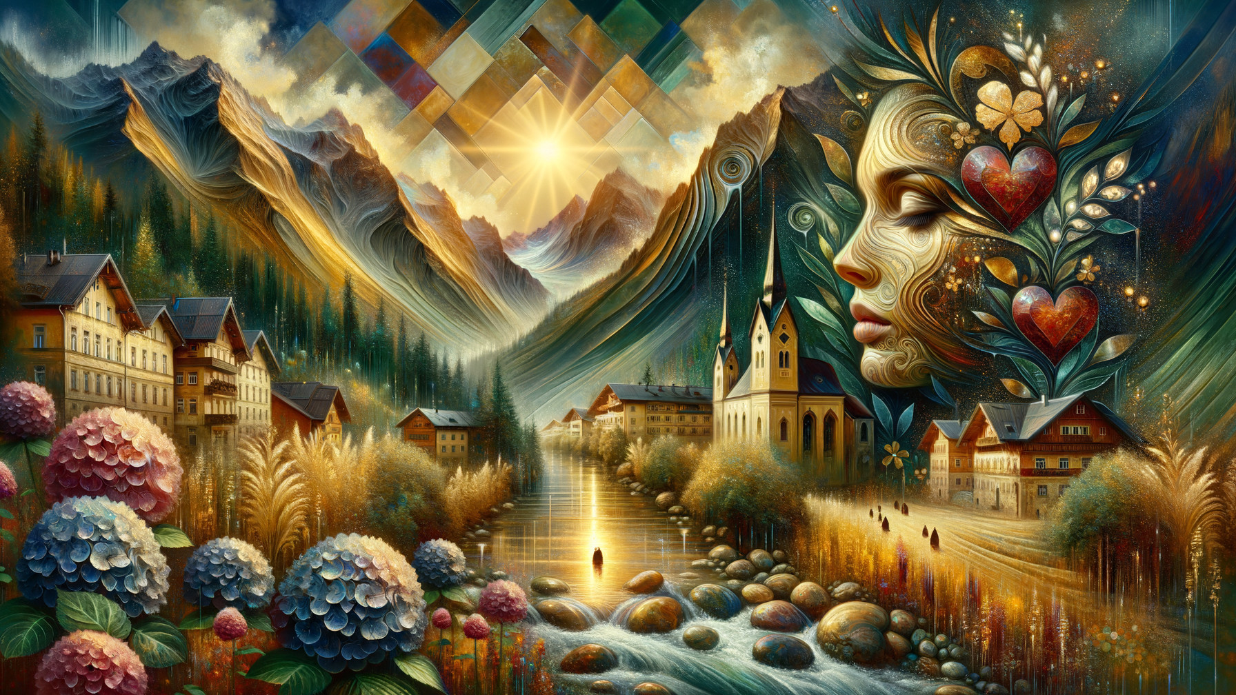 Serene landscape of mountains, river, and vibrant flora