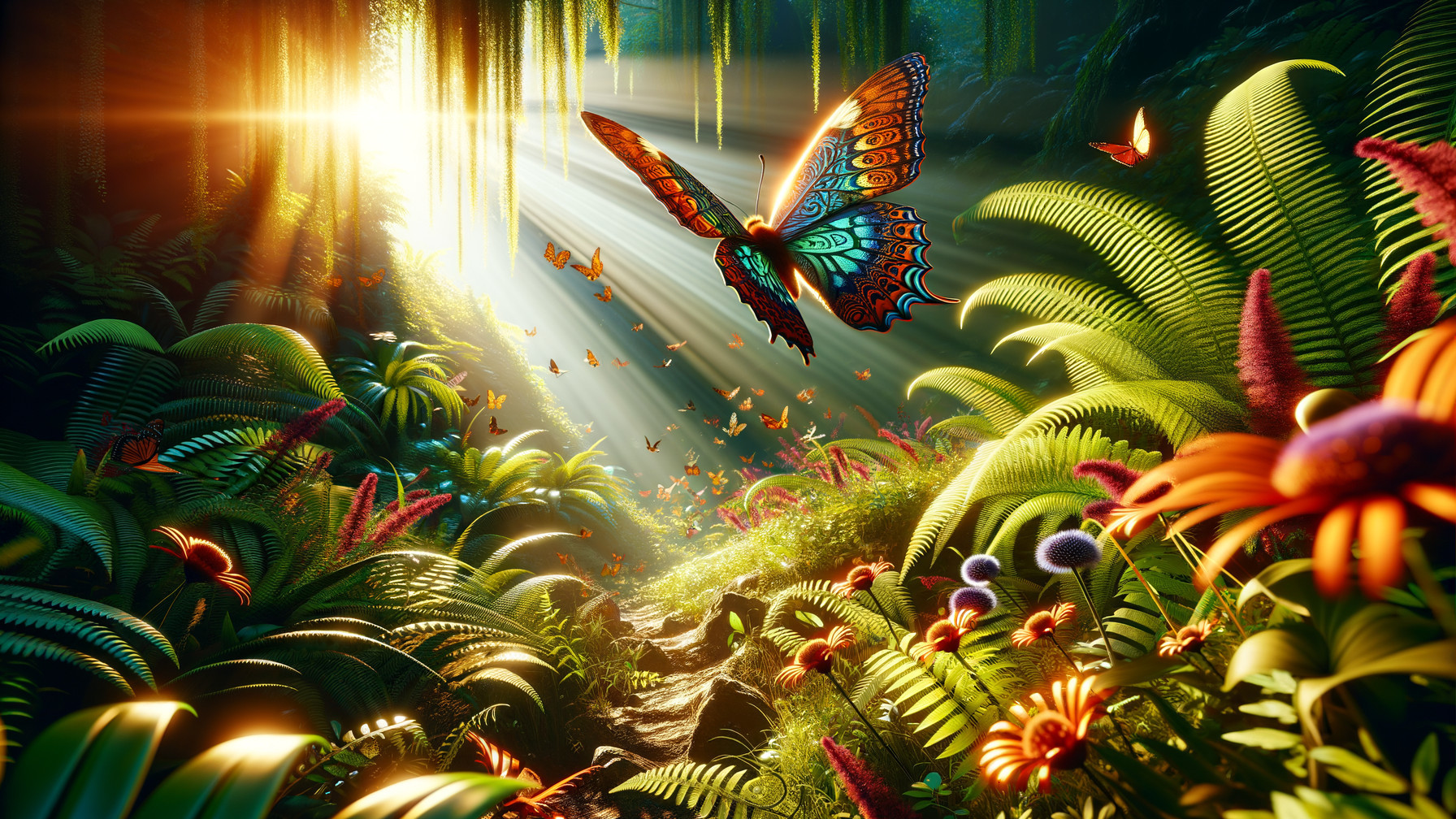 Vibrant Jungle Scene with Sunlight and Butterflies
