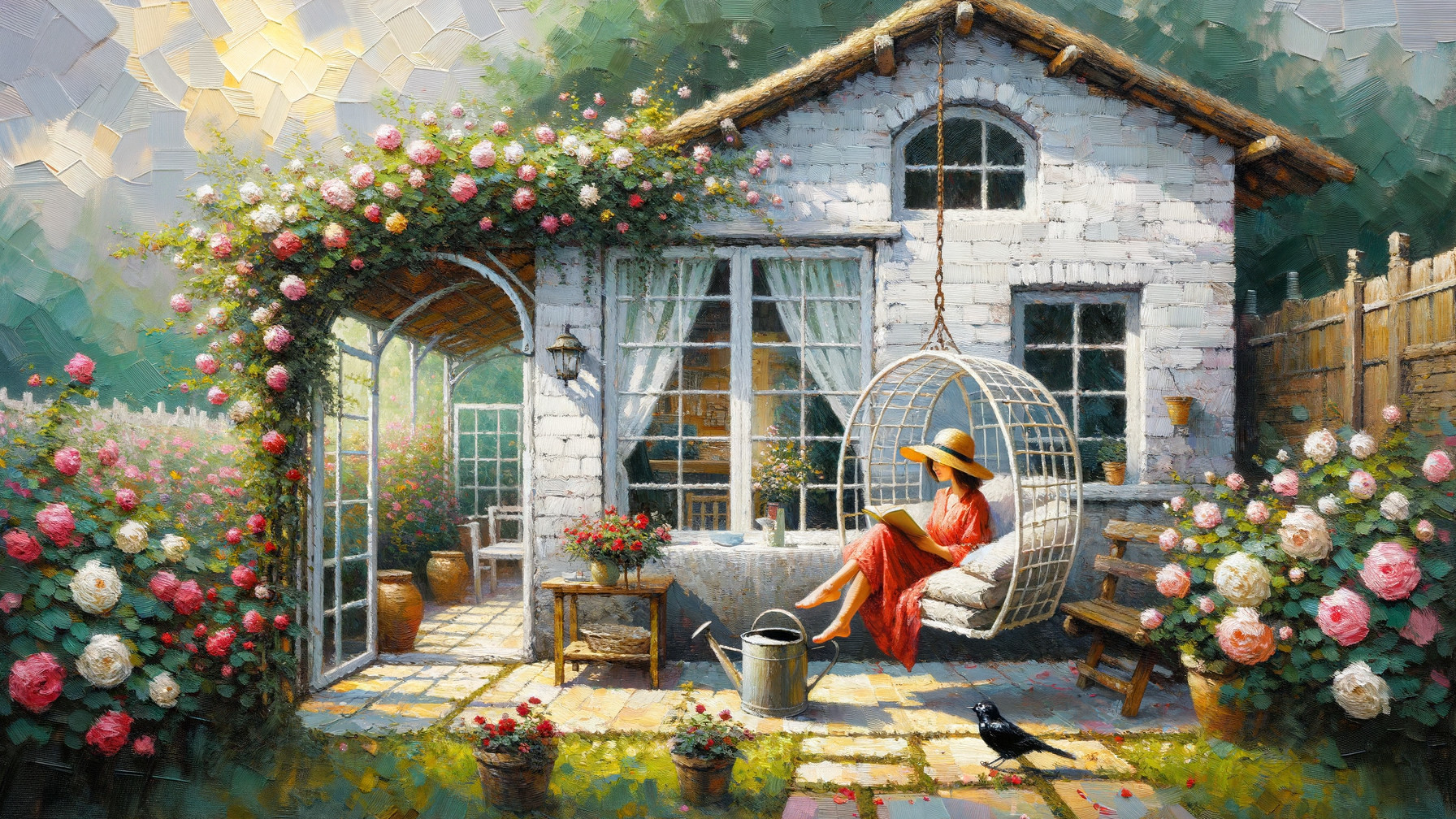 Cottage Garden Scene with Roses and Relaxing Woman