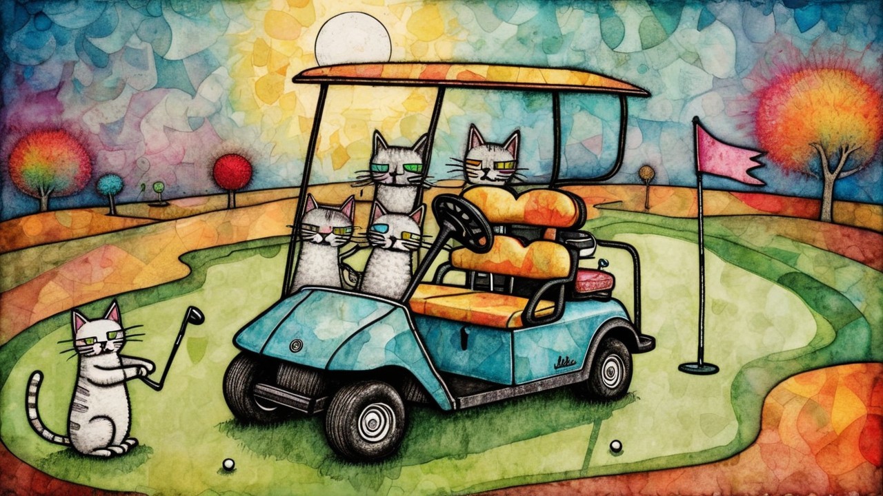 Cats in a Colorful Golf Cart on a Sunny Day