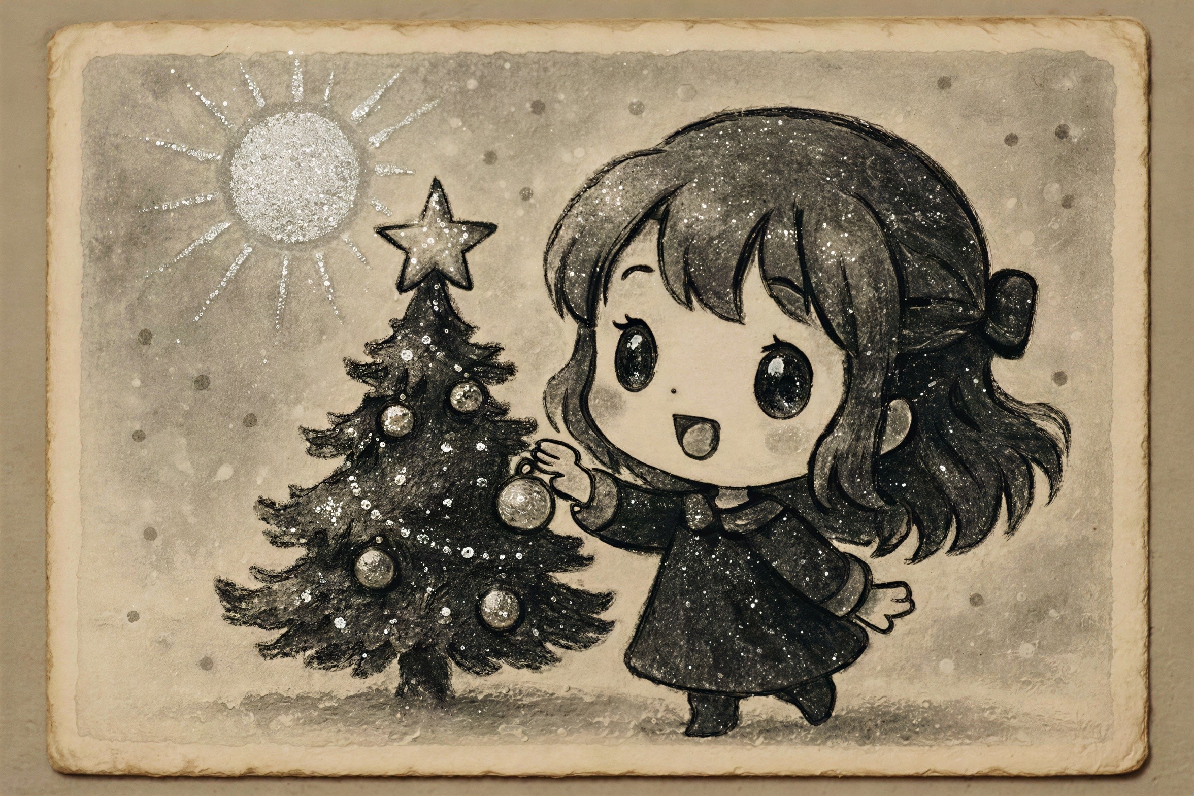 Retro Christmas Postcard with Kawaii Boyish Girl