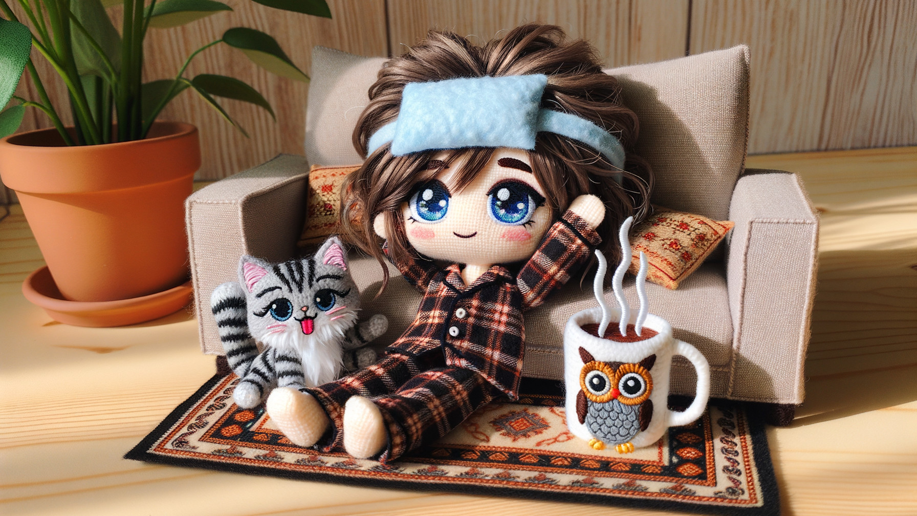 Cozy Indoor Scene with Doll, Cat, and Owl Mug