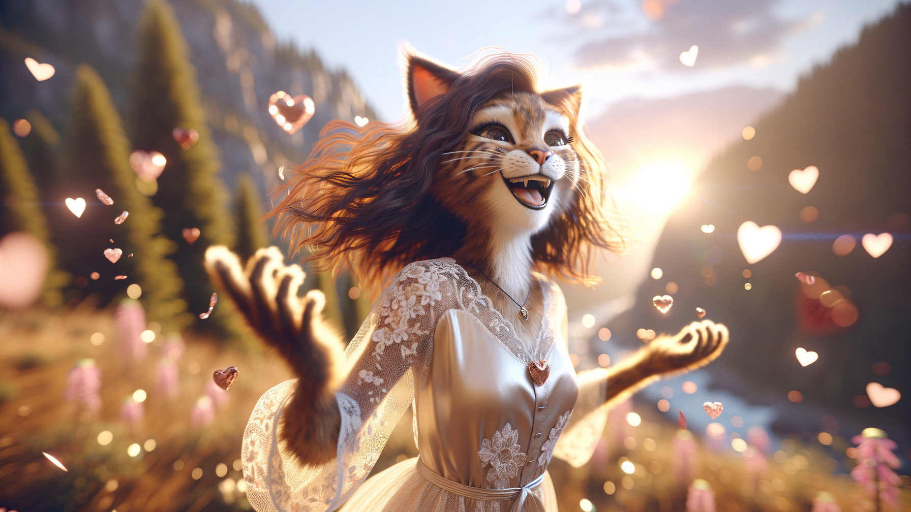 Whimsical Cat in Lace Wedding Gown in Scenic Landscape