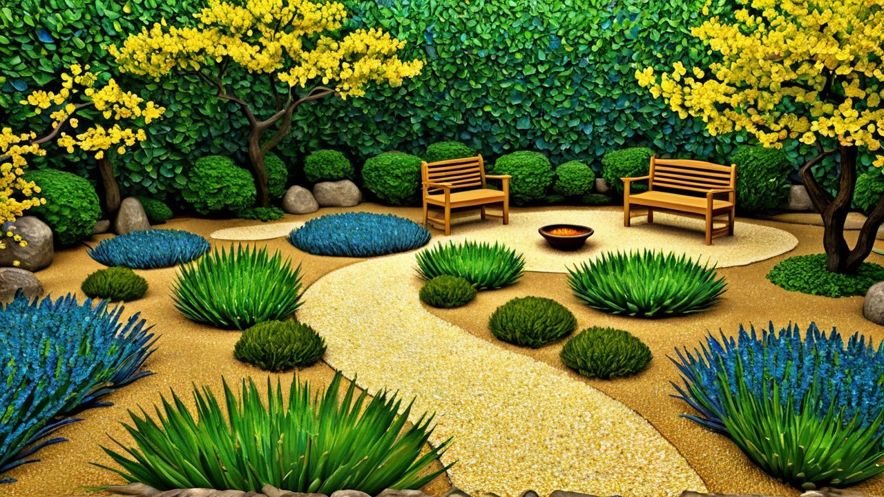 Serene garden with wooden benches and vibrant plants